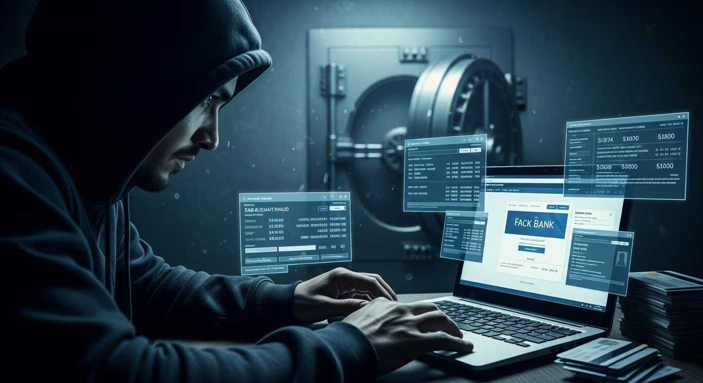 La imagen ilustra a un ciberdelincuente realizando fraude bancario en una computadora portátil, con pantallas holográficas que muestran datos y una bóveda de banco en el fondo. (Imagen Ilustrativa Infobae)