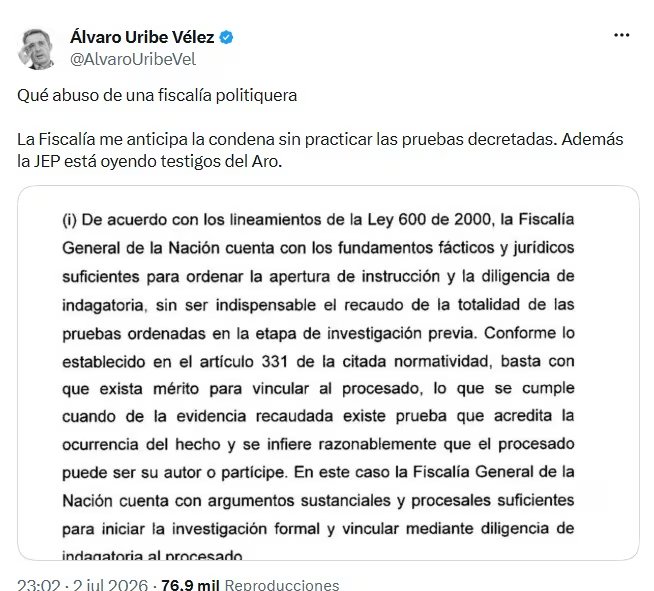 El expresidente Álvaro Uribe Vélez aseguró que la Fiscalía General de la Nación ya le está “anticipando” una decisión adversa en el proceso que lo menciona por su presunta responsabilidad en las masacres de El Aro y La Granja, y en el crimen del defensor de derechos humanos Jesús María Valle - crédito @AlvaroUribeVel/X