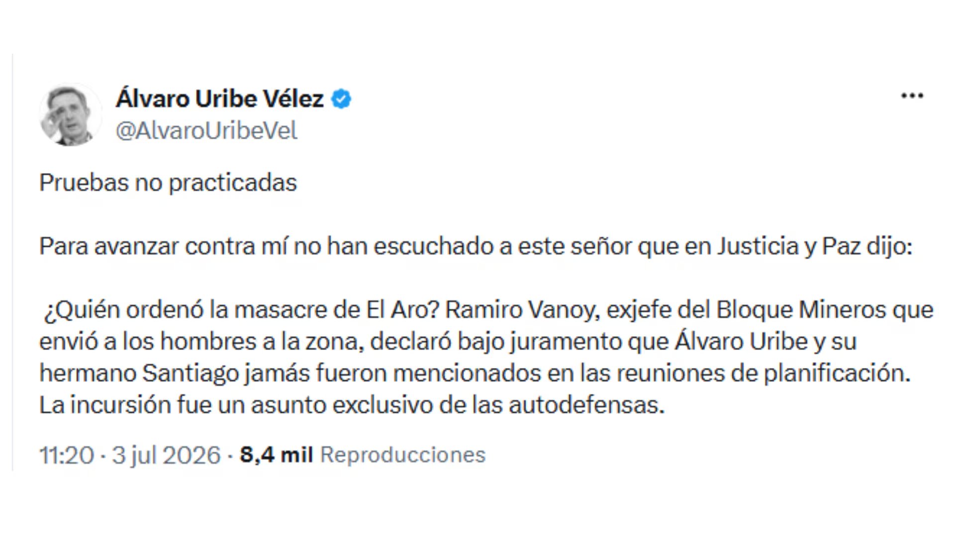 El exgobernador de Antioquia escribió en su cuenta de X, que se está haciendo omisión a testimonios que lo exoneran de toda culpabilidad en estos hechos - crédito @AlvaroUribeVel/X