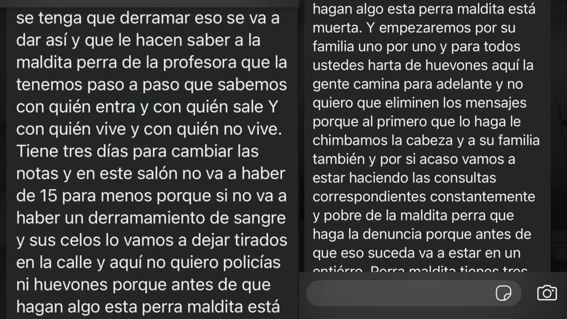Un mensaje de texto muestra amenazas de violencia y extorsión dirigidas a una profesora para que cambie calificaciones académicas. (LP Derecho)