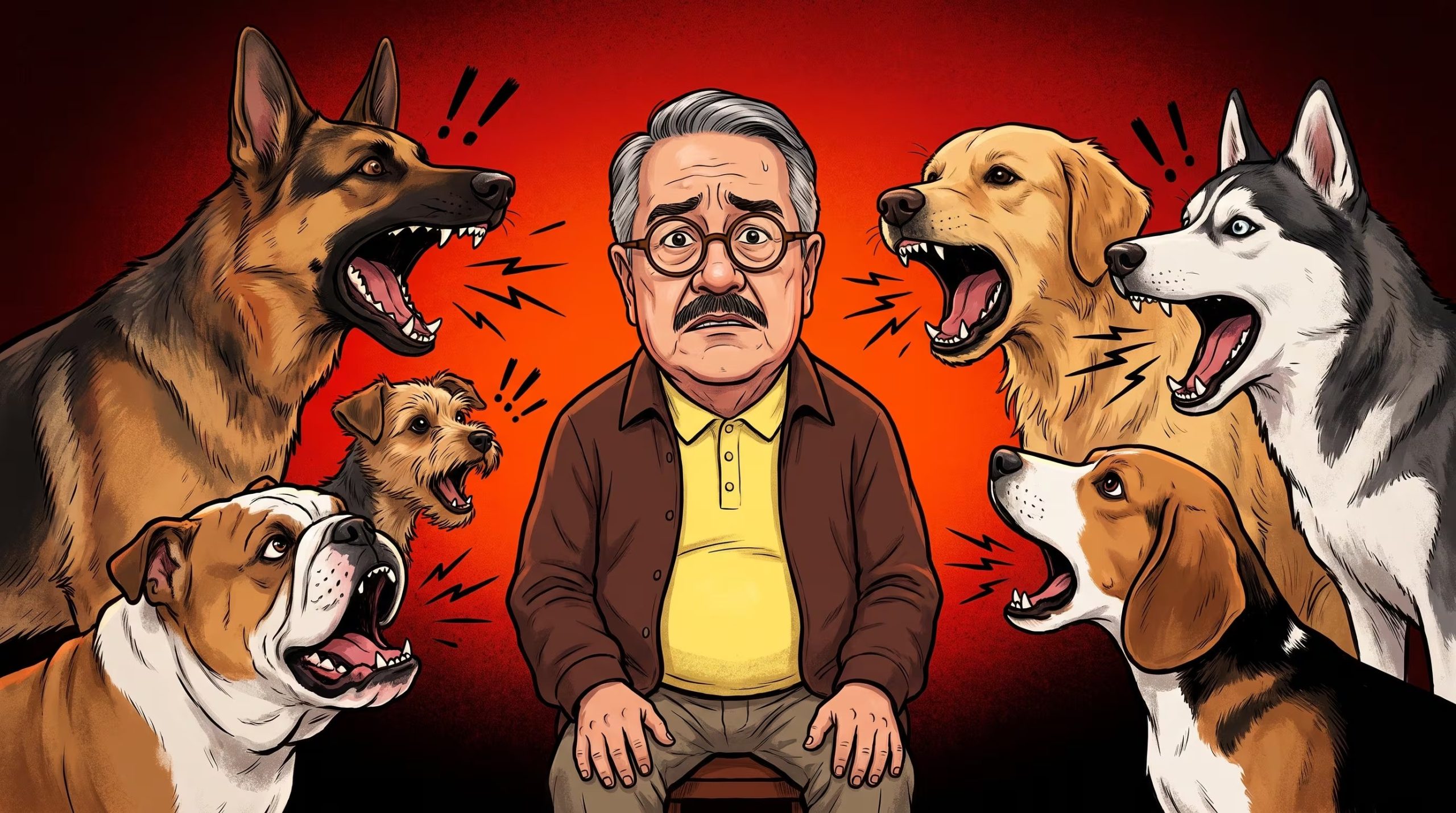 Una caricatura editorial retrata a Pedro Sola sentado con expresión tensa mientras seis perros de distintas razas ladran furiosos a su alrededor, sobre un fondo rojo que se degrada a negro. (Imagen Ilustrativa Infobae)
