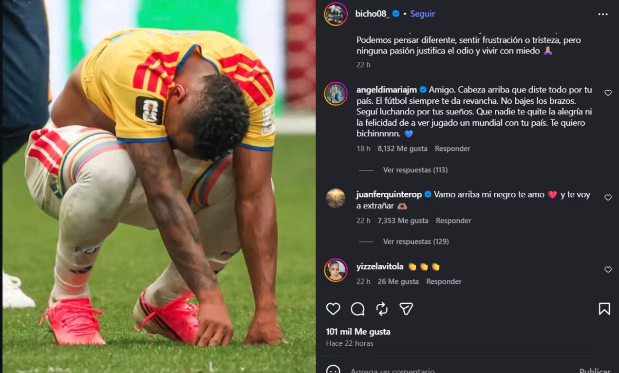 El campeón del mundo en Qatar 2022, y compañero de Campaz en Rosario Central mostró su apoyo al delantero tras su fallo en el Colombia vs. Suiza por los octavos de final del Mundial 2026-crédito @bicho08_-@angeldimariajm/Instagram