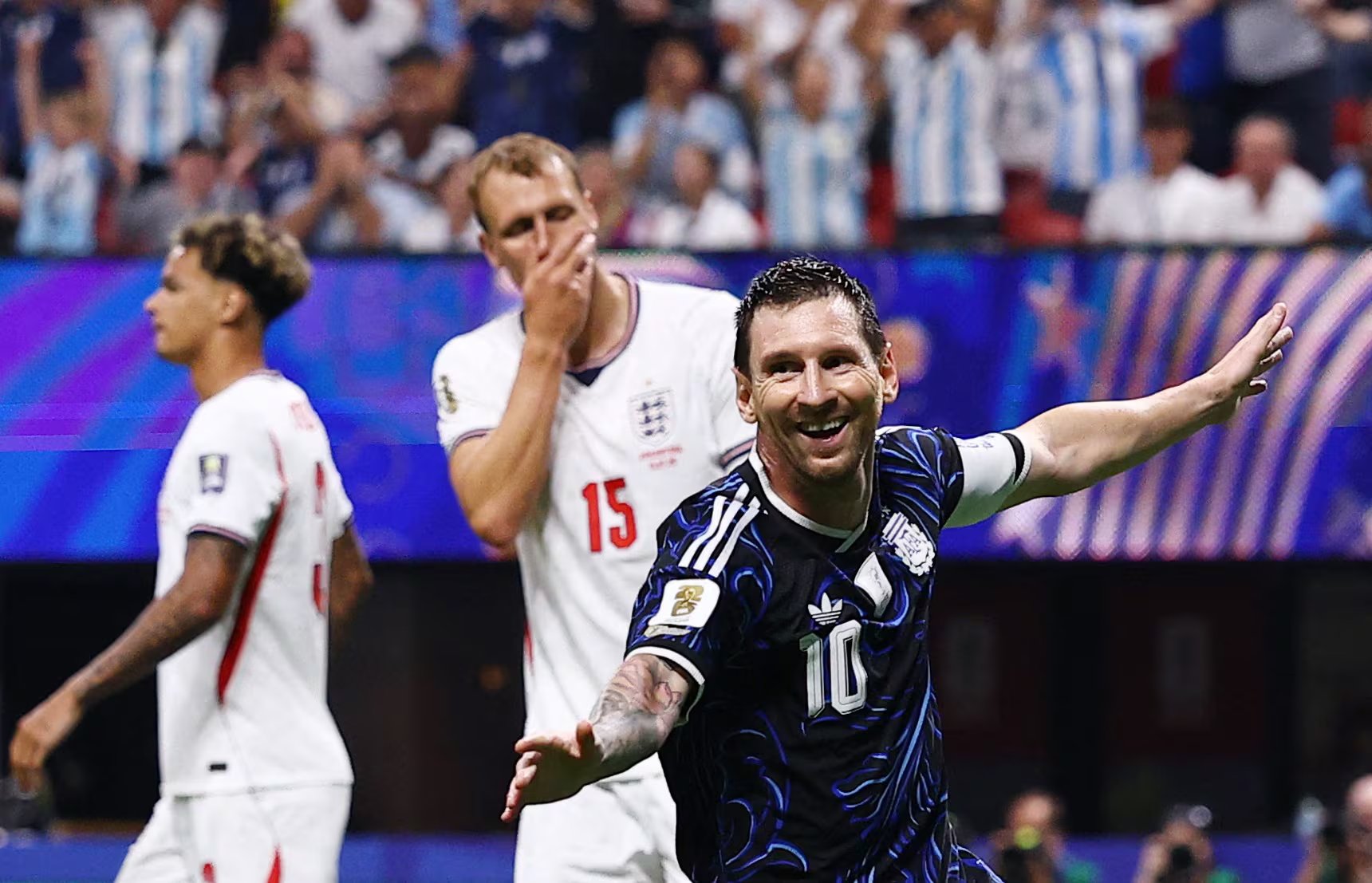 Soccer Football - FIFA World Cup 2026 - Semi Final - England v Argentina - Atlanta Stadium, Atlanta, Georgia, U.S. - July 15, 2026 Argentina's Lionel Messi celebrates after Enzo Fernandez scores their first goal REUTERS/Agustin Marcarian