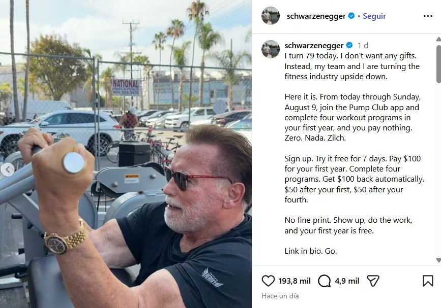 El protagonista de Terminator afirma que el gimnasio continúa siendo uno de los pilares de su bienestar físico y mental.(Créditos: Instagram)