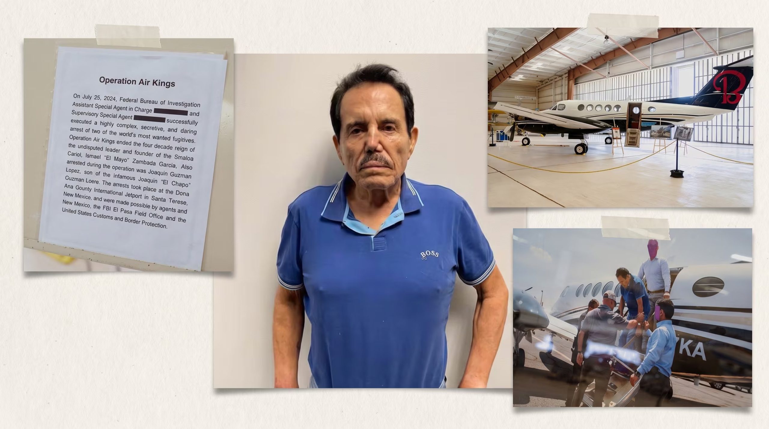 Un collage de imágenes muestra a Ismael 'El Mayo' Zambada, el documento de la operación Air Kings y aviones relacionados con su arresto en Nuevo México. (Imagen Ilustrativa Infobae)