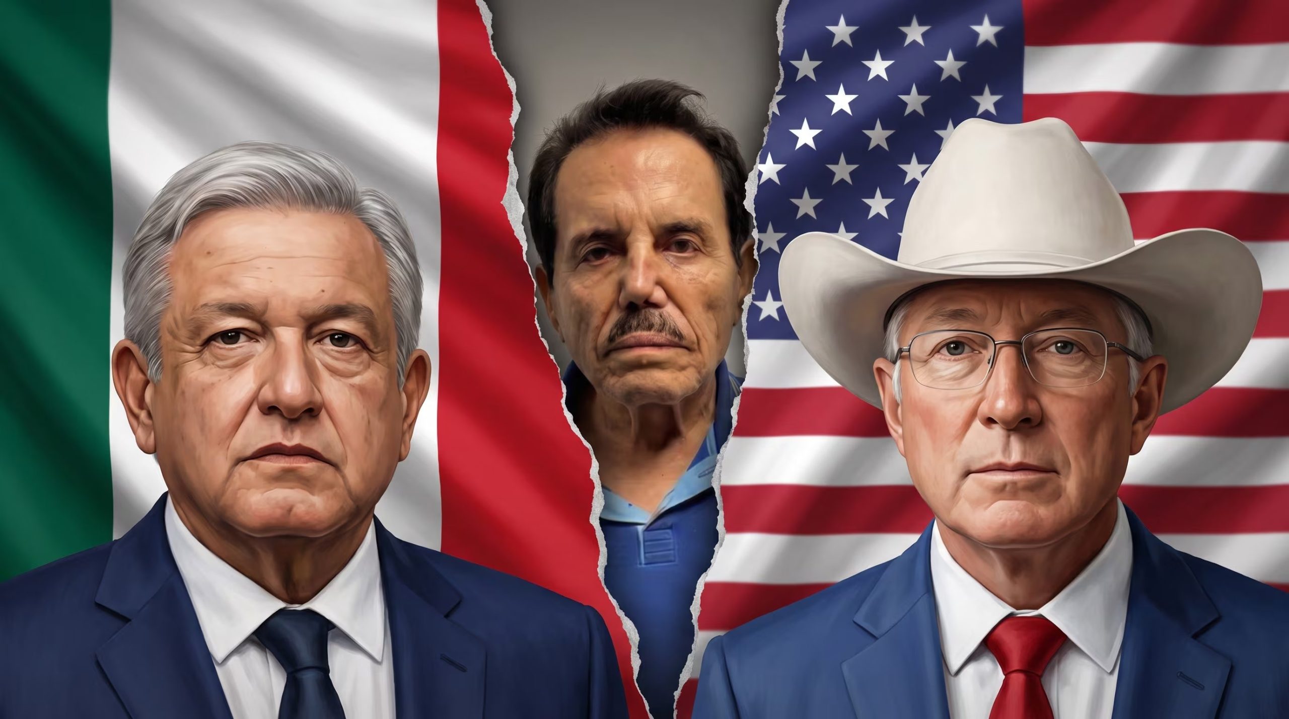 Los retratos de Andrés Manuel López Obrador y Ken Salazar aparecen separados por una grieta que muestra a Ismael Zambada en el centro, sobre las banderas de México y Estados Unidos, indicando la tensión diplomática. (Imagen Ilustrativa Infobae)