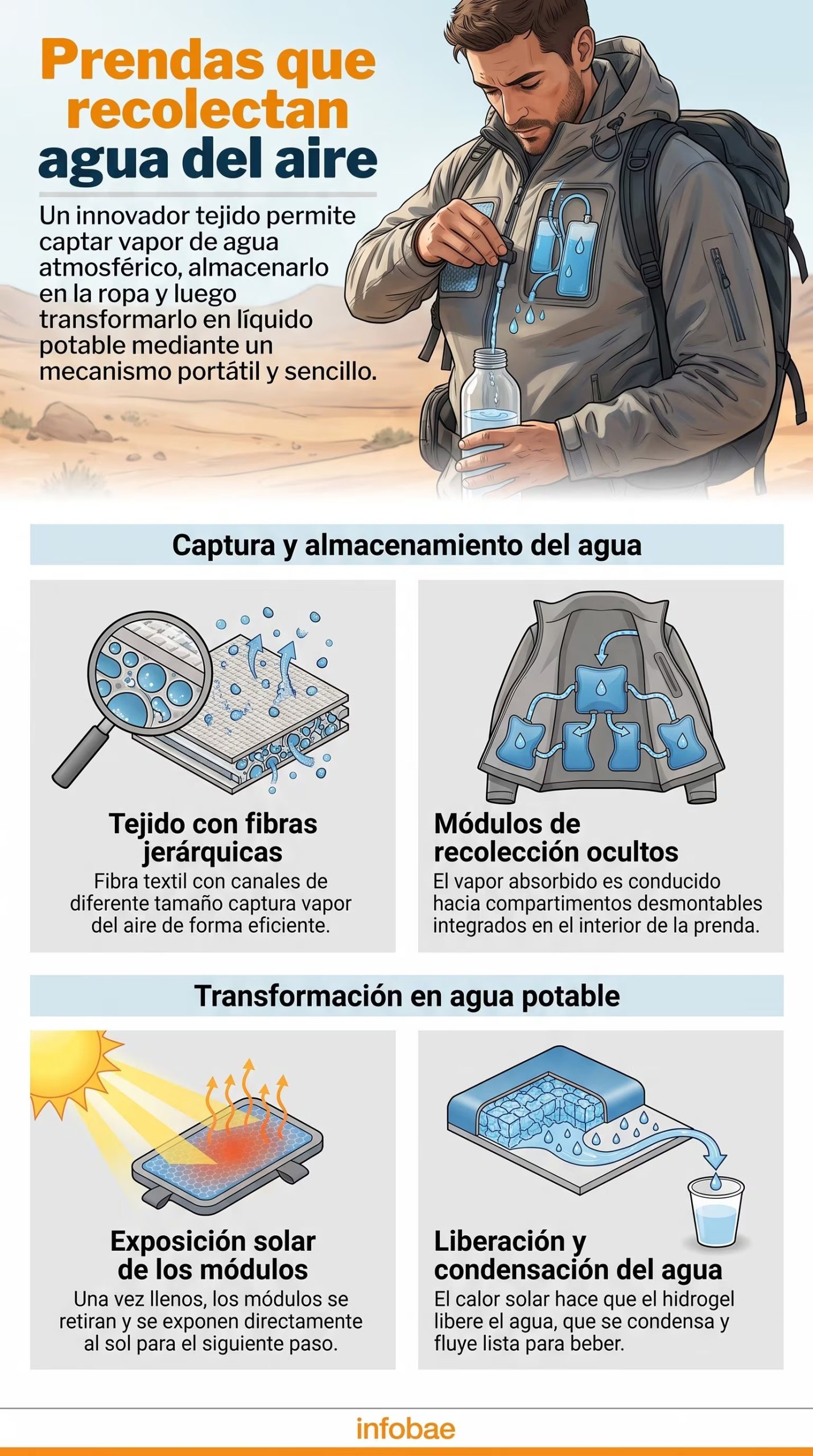 La chaqueta recolecta casi 1 litro de agua del ambiente y la procesa con la tecnología aplicada del hidrogel (Imagen Ilustrativa Infobae)