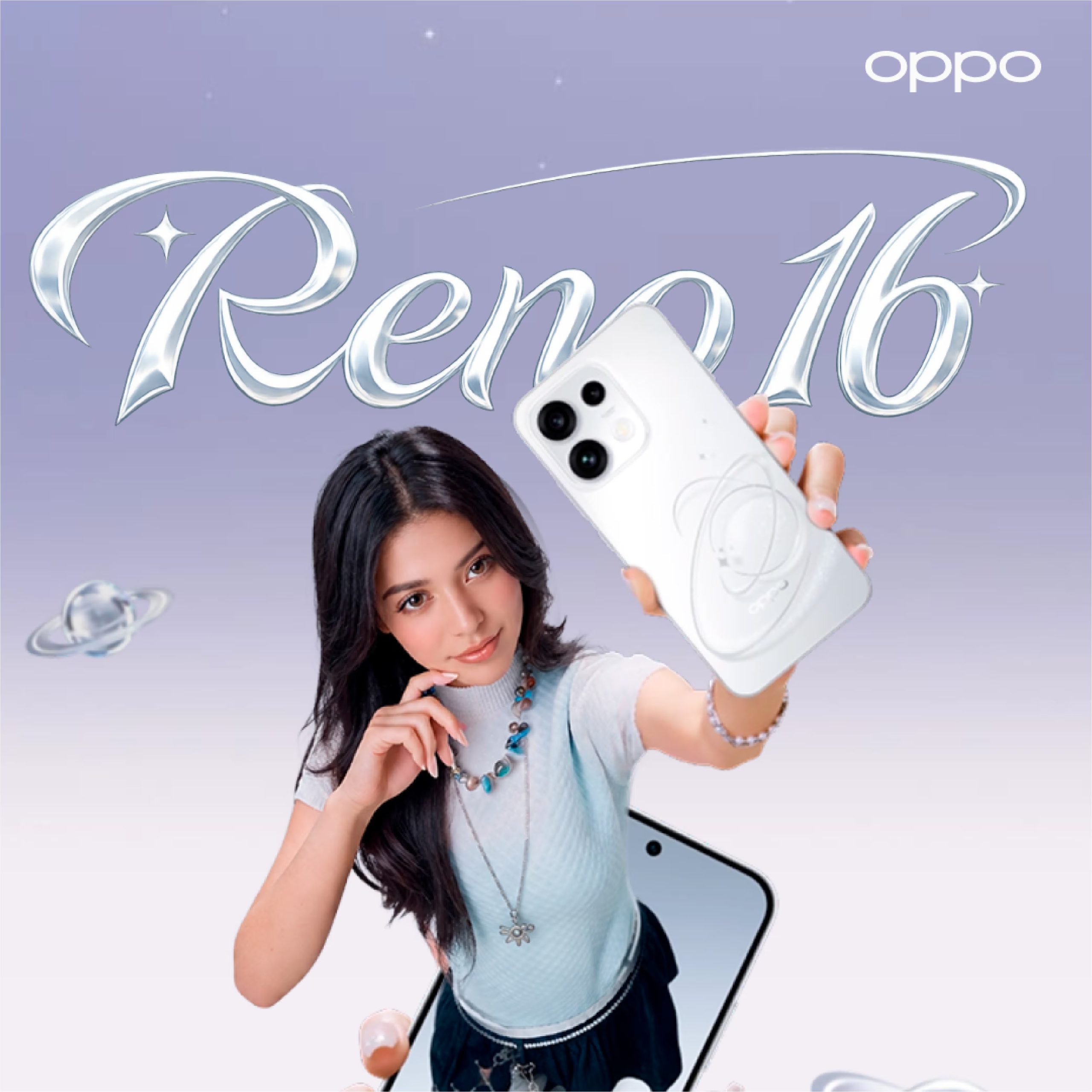 La identidad de la Serie Reno16 se refuerza con el diseño Planetas 3D Pop. 
(OPPO)