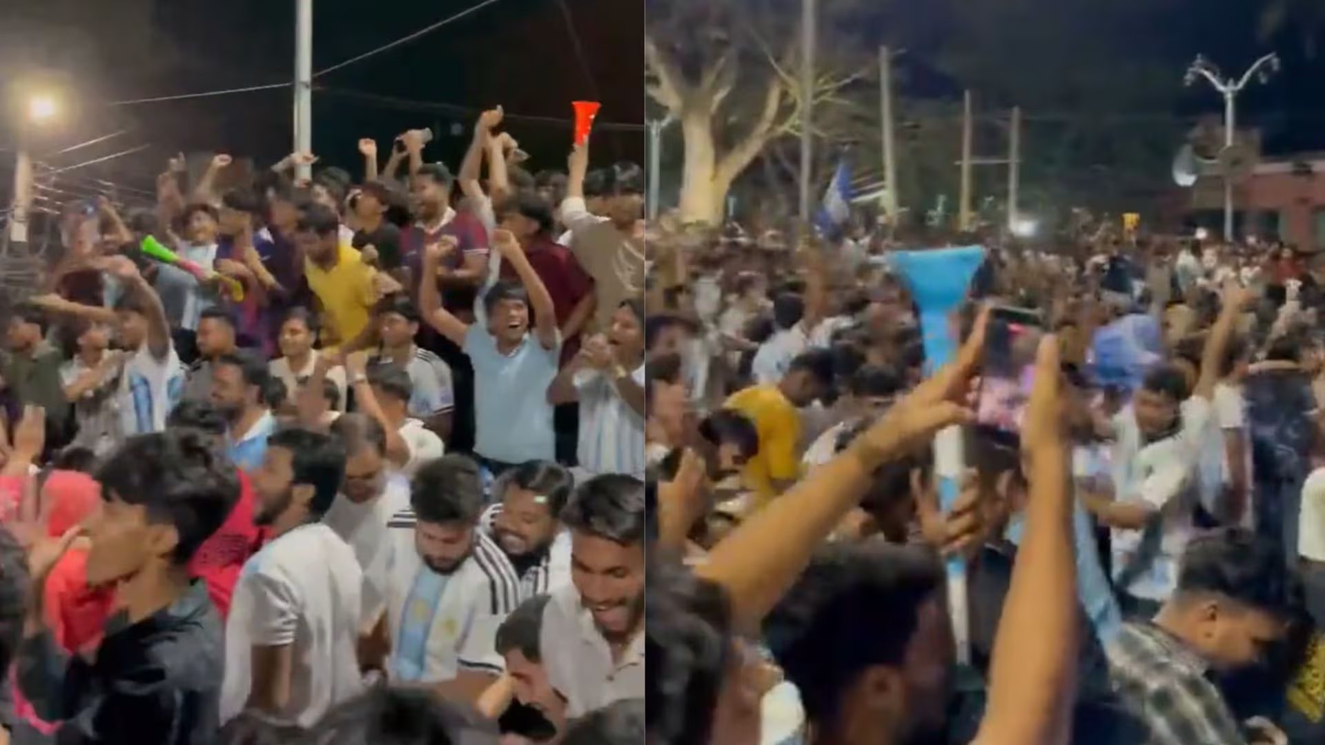 Las redes sociales difundieron videos de calles colmadas de hinchas con camisetas argentinas, banderas, bengalas y fuegos artificiales en Bangladesh (Captura de video)