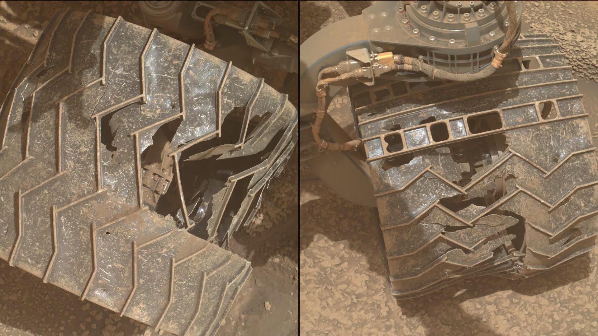 El desgaste visible en las ruedas de Curiosity refleja los desafíos de explorar el Planeta Rojo, pero la NASA asegura que seguirá operando por mucho tiempo (NASA)