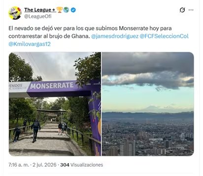 Los aficionados que ascendieron a pie el cerro de Monserrate lograron ver el nevado del Tolima debido a que la mañana del jueves 2 de julio el cielo se despejó minutos después de las 6:00 a. m. - crédito @LeagueOfi/X