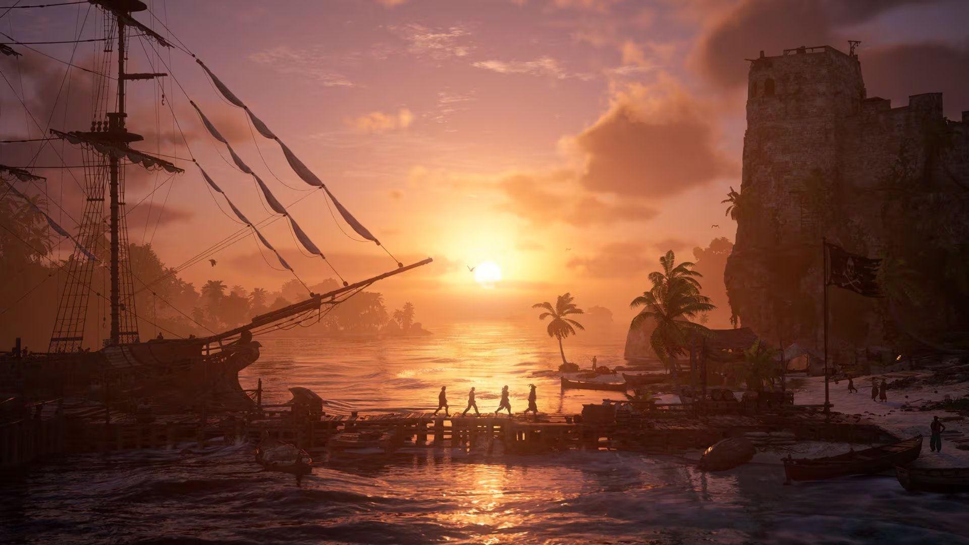 Edward Kenway y su tripulación caminan por un muelle mientras un galeón pirata y una fortaleza se alzan bajo el resplandor de un atardecer caribeño en Assassin's Creed IV: Black Flag. (Ubisoft)