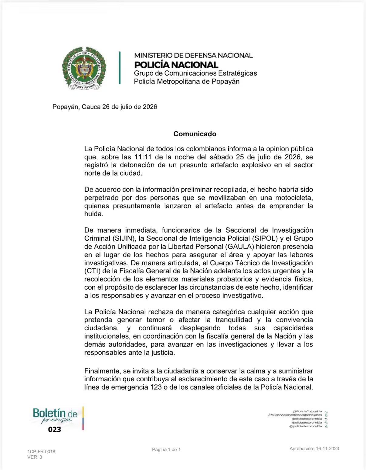 En el lugar del atentado con explosivo en Popayán aparecieron panfletos alusivos al ELN, cuya autenticidad es materia de verificación - crédito Policía Popayán