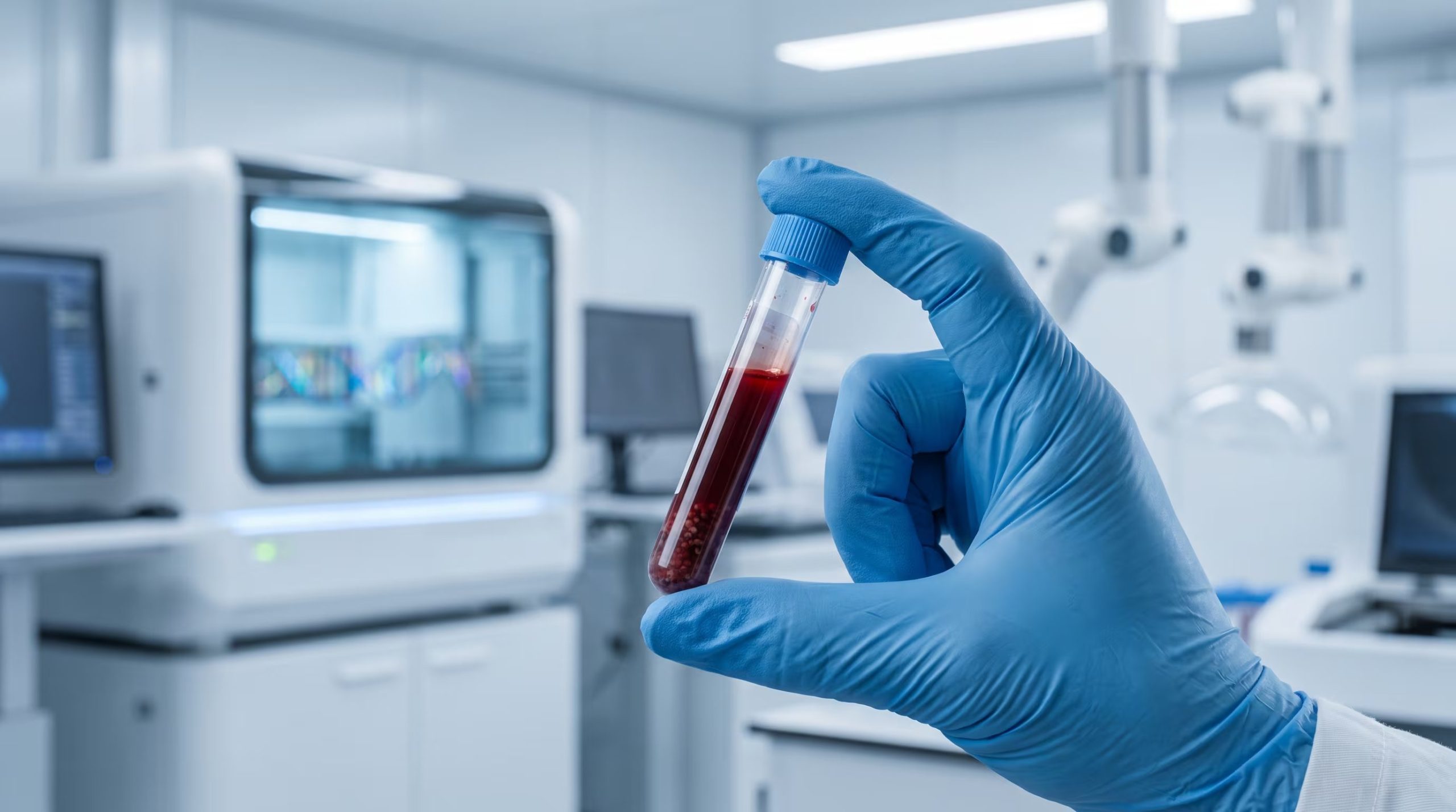 Una mano enguantada de laboratorio sostiene un tubo de ensayo con una muestra de sangre para análisis genético, con equipos modernos al fondo. (Imagen Ilustrativa Infobae)