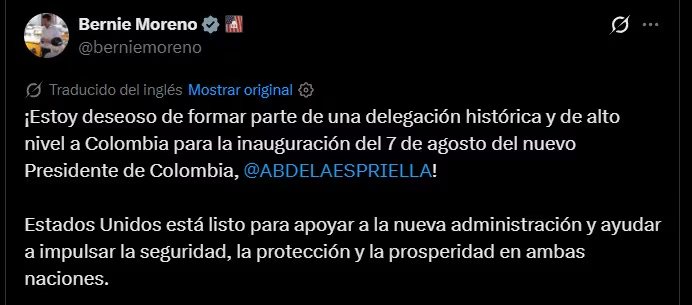 Bernie Moreno anunció en X su participación en la investidura y reiteró su apoyo al presidente electo de Colombia - crédito @berniemoreno/X