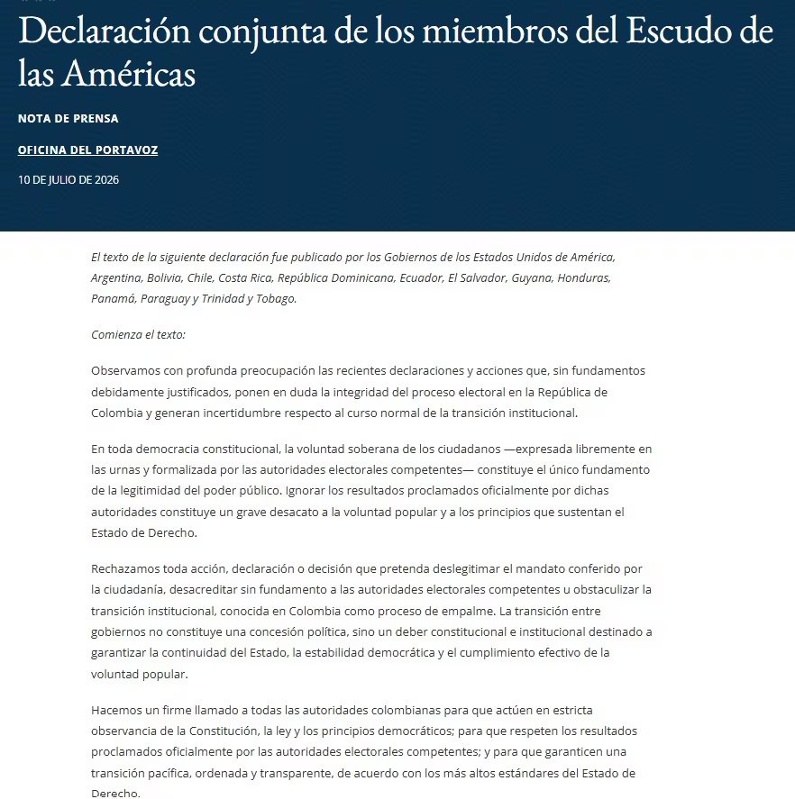 El Escudo de las Américas sostuvo que el Gobierno de Gustavo Petro no ha reconocido la victoria electoral de Abelardo De la Espriella - crédito Departamento de Estado de Estados Unidos