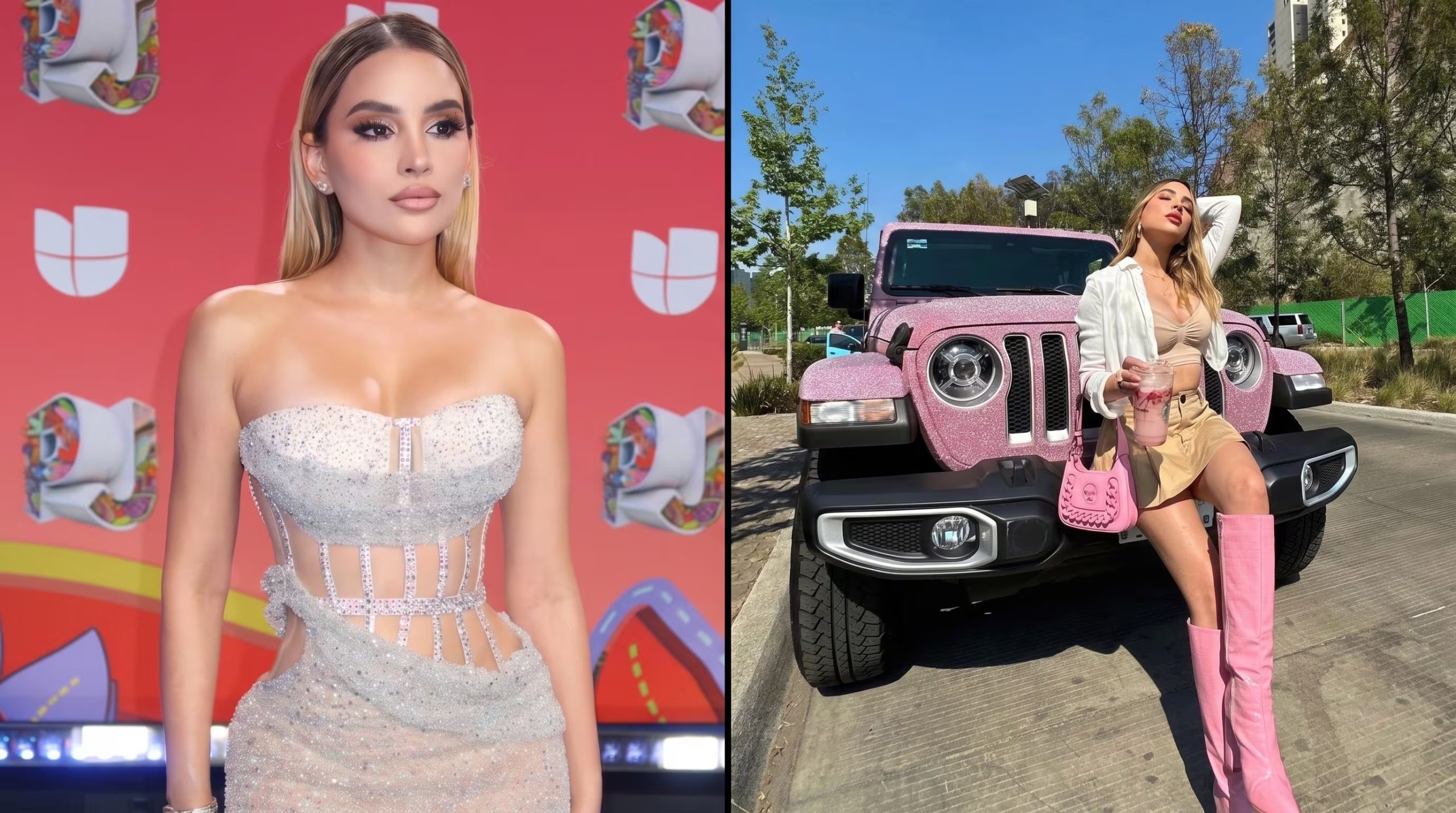 Brianda Deyanara posa con un vestido de gala en una alfombra roja y sentada sobre una camioneta Jeep de color rosa brillante. (Imagen Ilustrativa Infobae)