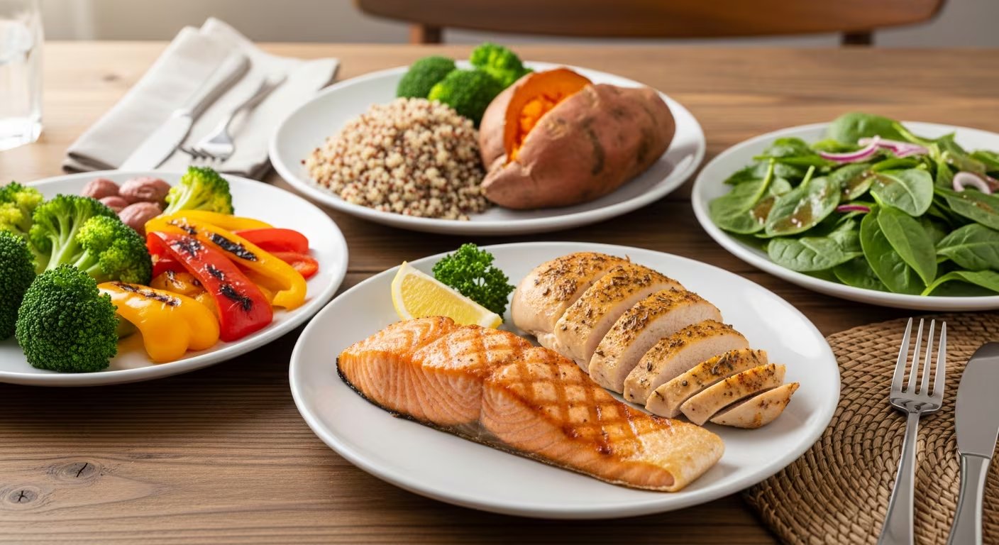 Una mesa de madera presenta una selección de platos con proteínas magras, carbohidratos complejos y vegetales, conformando una comida equilibrada y nutritiva. (Imagen Ilustrativa Infobae)