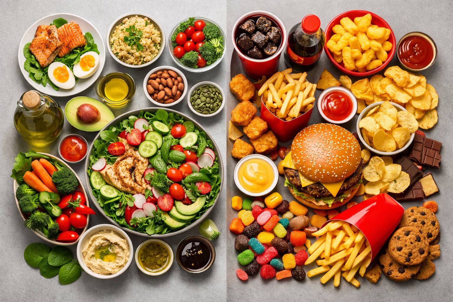 Esta imagen editorial compara visualmente dos estilos de alimentación en una mesa dividida: la izquierda presenta opciones frescas y nutritivas, mientras la derecha exhibe alimentos ultraprocesados y de consumo rápido. (Imagen Ilustrativa Infobae)