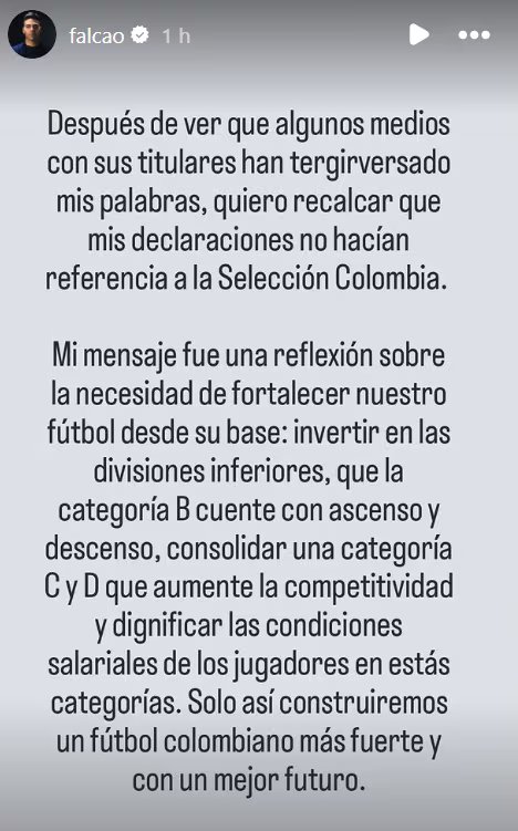 Falcao aclaró que su mensaje buscaba impulsar cambios en las divisiones inferiores del fútbol colombiano. - crédito @Falcao/Instagram