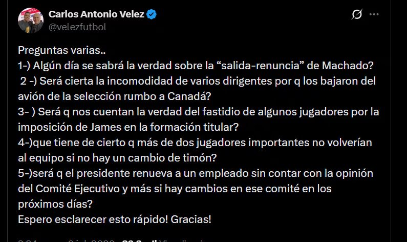 Estas son las preguntas de Carlos Antonio Vélez para la Federación Colombiana de Fútbol por el fracaso en el Mundial 2026 - crédito @velezfutbol/X