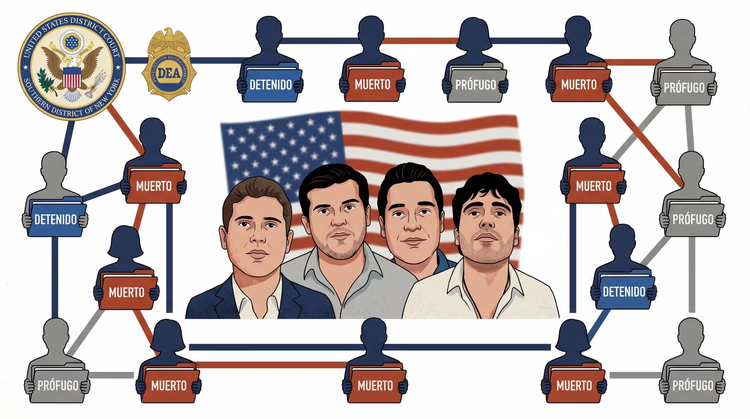 Ilustración editorial presenta a Los Chapitos ante la bandera de EE. UU., rodeados por un mapa de red judicial que detalla el estatus de sus asociados (detenidos, muertos o prófugos), supervisado por la Corte del Distrito Sur de Nueva York y la DEA. (Imagen Ilustrativa Infobae)