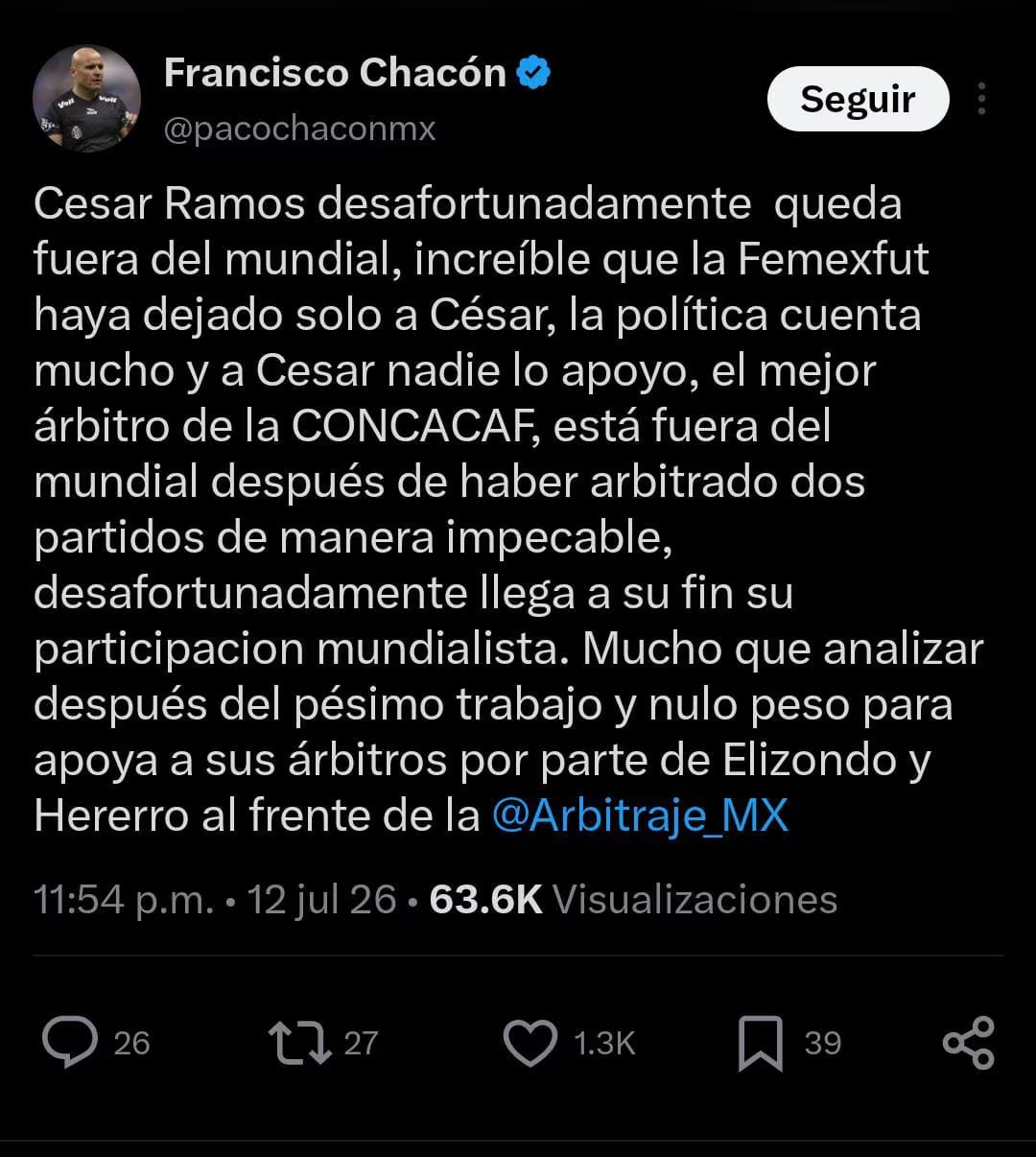 César Arturo Ramos quedó fuera de la Copa Mundial 2026 tras no superar el corte de la FIFA para las rondas finales (captura de pantalla)