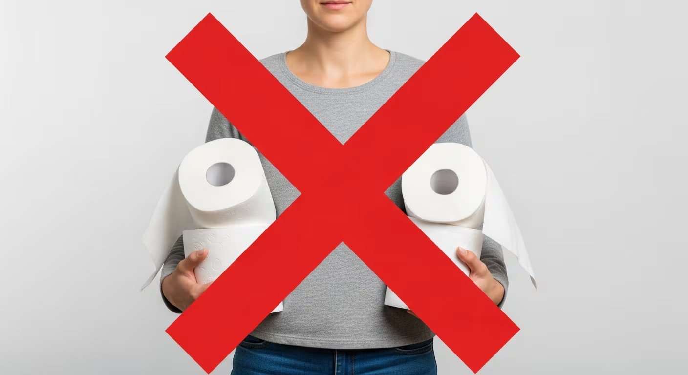 Una persona sin rostro visible sostiene varios rollos de papel higiénico, con una gran 'X' roja superpuesta que simboliza la prohibición del acaparamiento de productos esenciales. (Imagen Ilustrativa Infobae)