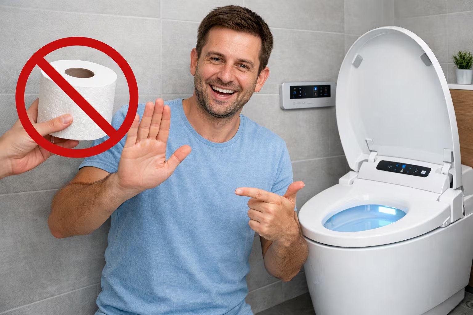Un hombre sonriente rechaza el papel higiénico y señala con entusiasmo un inodoro inteligente, destacando la preferencia por soluciones de higiene modernas y sostenibles en el baño actual. (Imagen Ilustrativa Infobae)