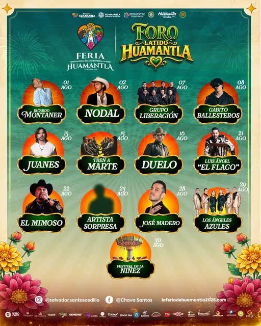Programación musical del Foro Latido de la Feria de Huamantla, México, durante el mes de agosto, detallando los artistas y sus fechas de presentación. (Feria De Huamantla 2026)