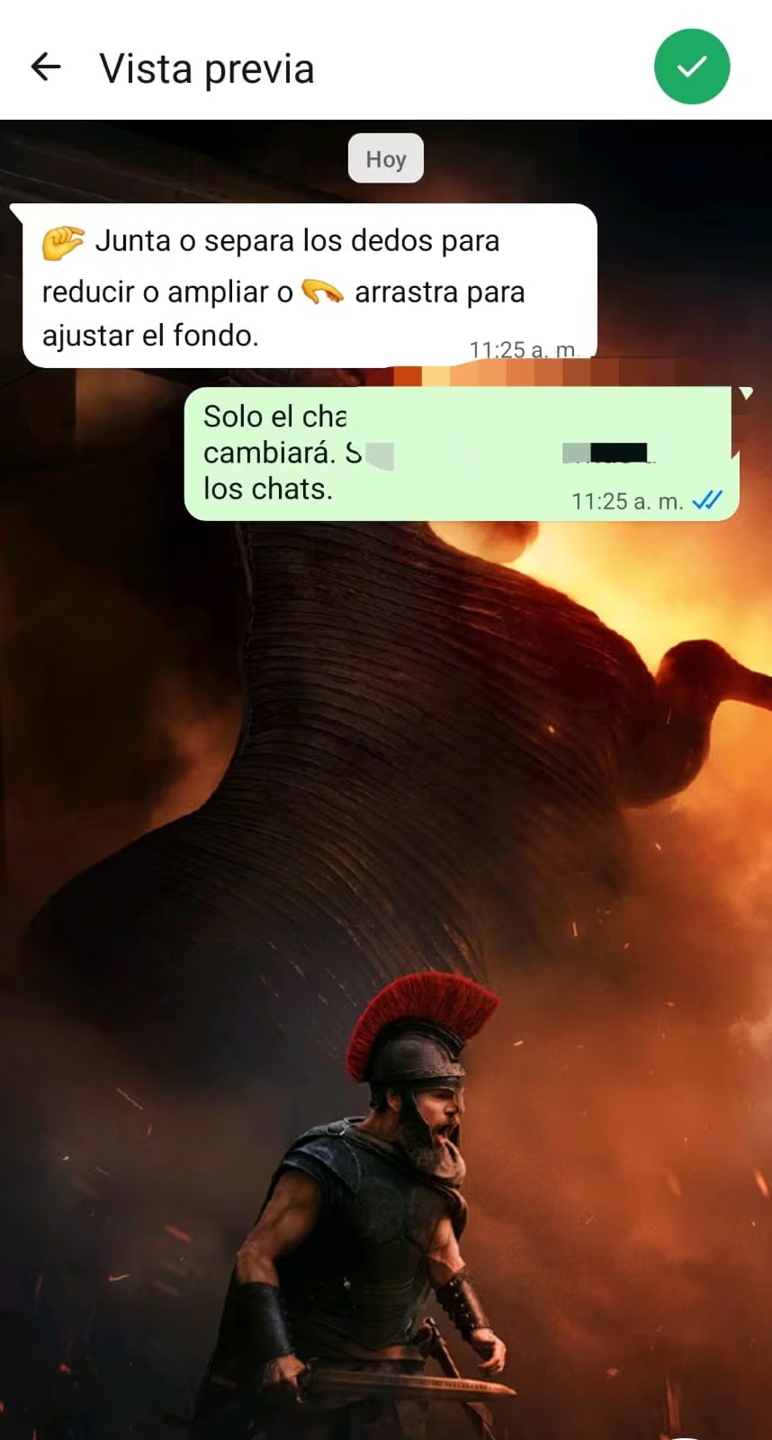 Un guerrero con casco y espada, representando a Odiseo, se observa como fondo de una pantalla de chat que muestra instrucciones para ajustar la imagen. (Foto: WhatsApp)