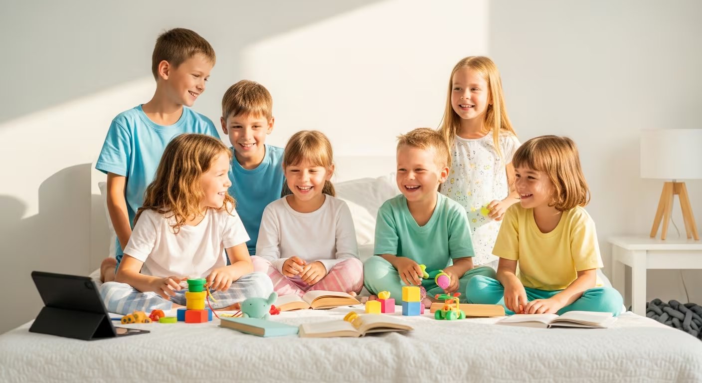Un grupo de seis niños y niñas con pijamas o ropa cómoda juega y ríe sobre una cama con varios libros y juguetes esparcidos en un ambiente luminoso. (Imagen Ilustrativa Infobae)