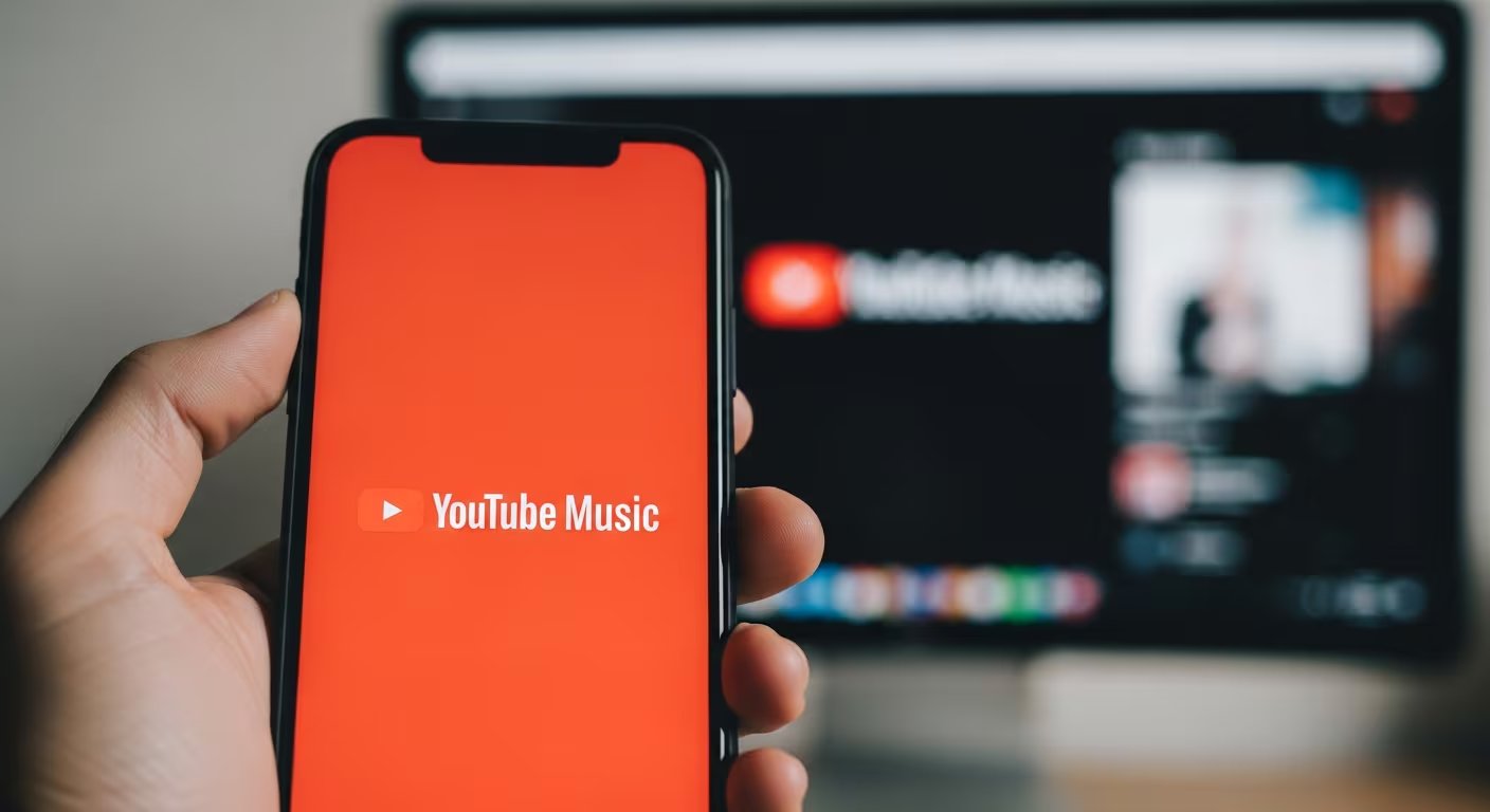 Un usuario sostiene un smartphone con la aplicación YouTube Music en pantalla, mientras en el fondo se observa el logo reflejado en una computadora. La imagen destaca la popularidad y el uso creciente de plataformas digitales para el consumo musical. (Imagen Ilustrativa Infobae)