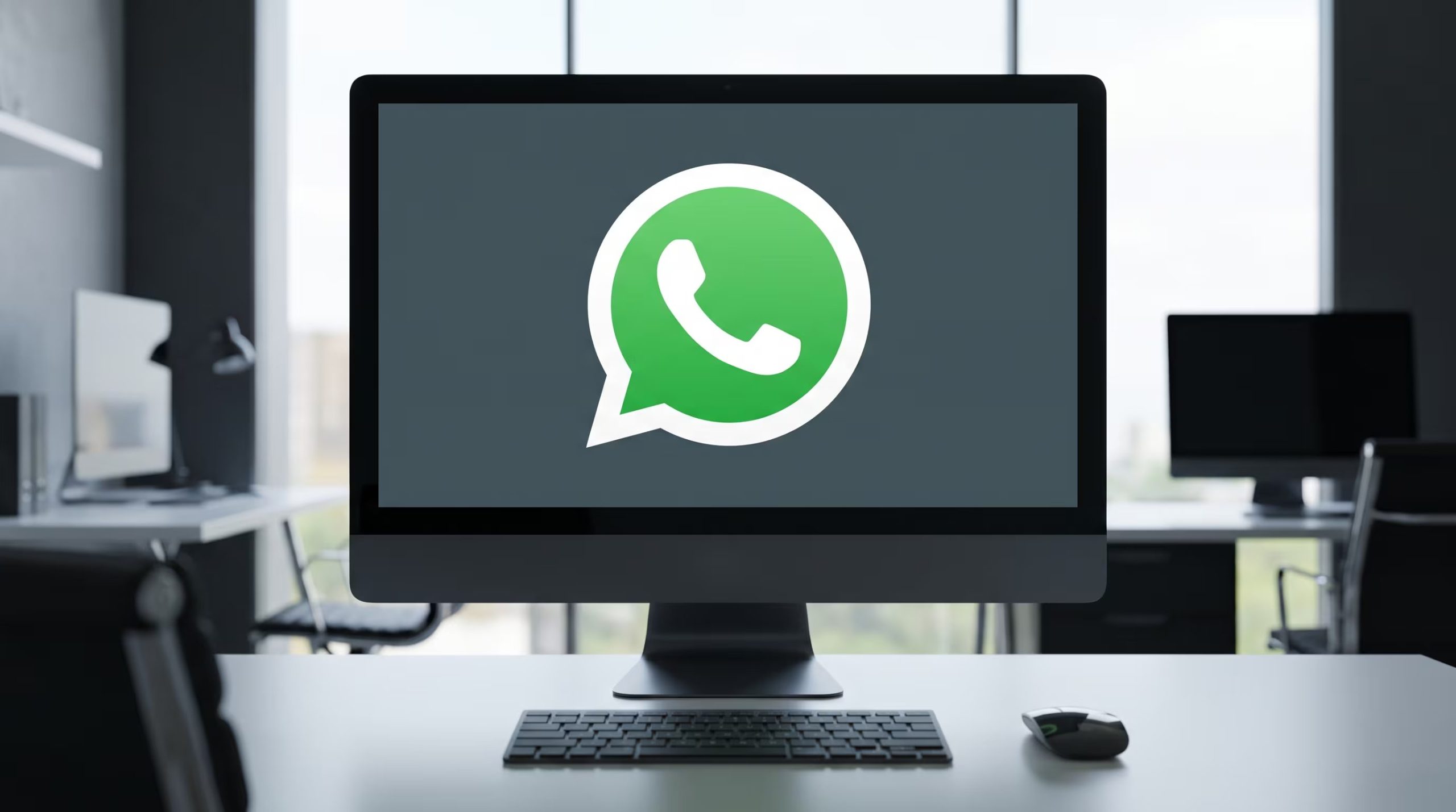 Un monitor de computadora despliega el logo de WhatsApp en un entorno de oficina moderno. (Imagen Ilustrativa Infobae)