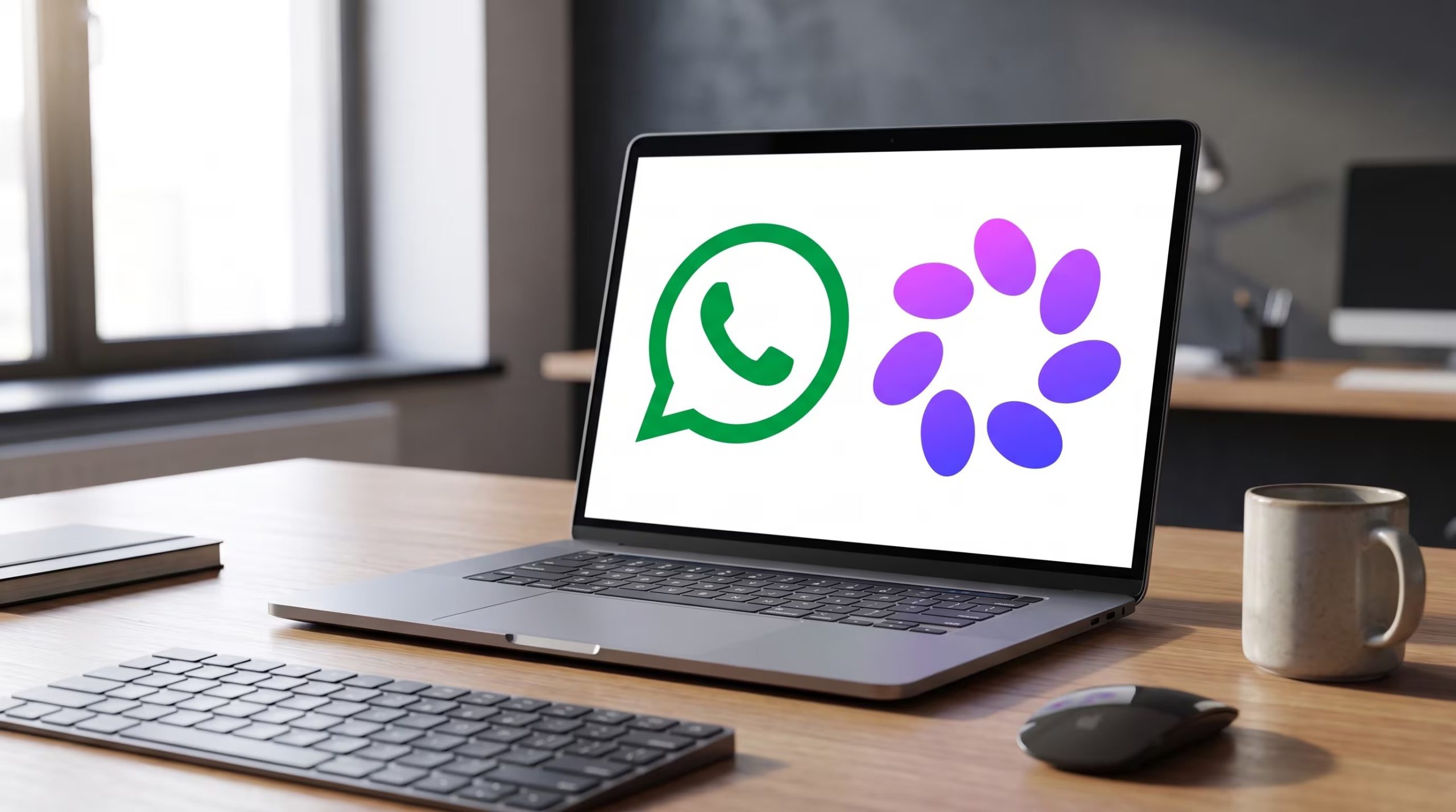 Un computador portátil sobre un escritorio de madera muestra en su pantalla los logos de WhatsApp y Meta AI, junto a un teclado externo, un ratón y una taza. (Imagen Ilustrativa Infobae)