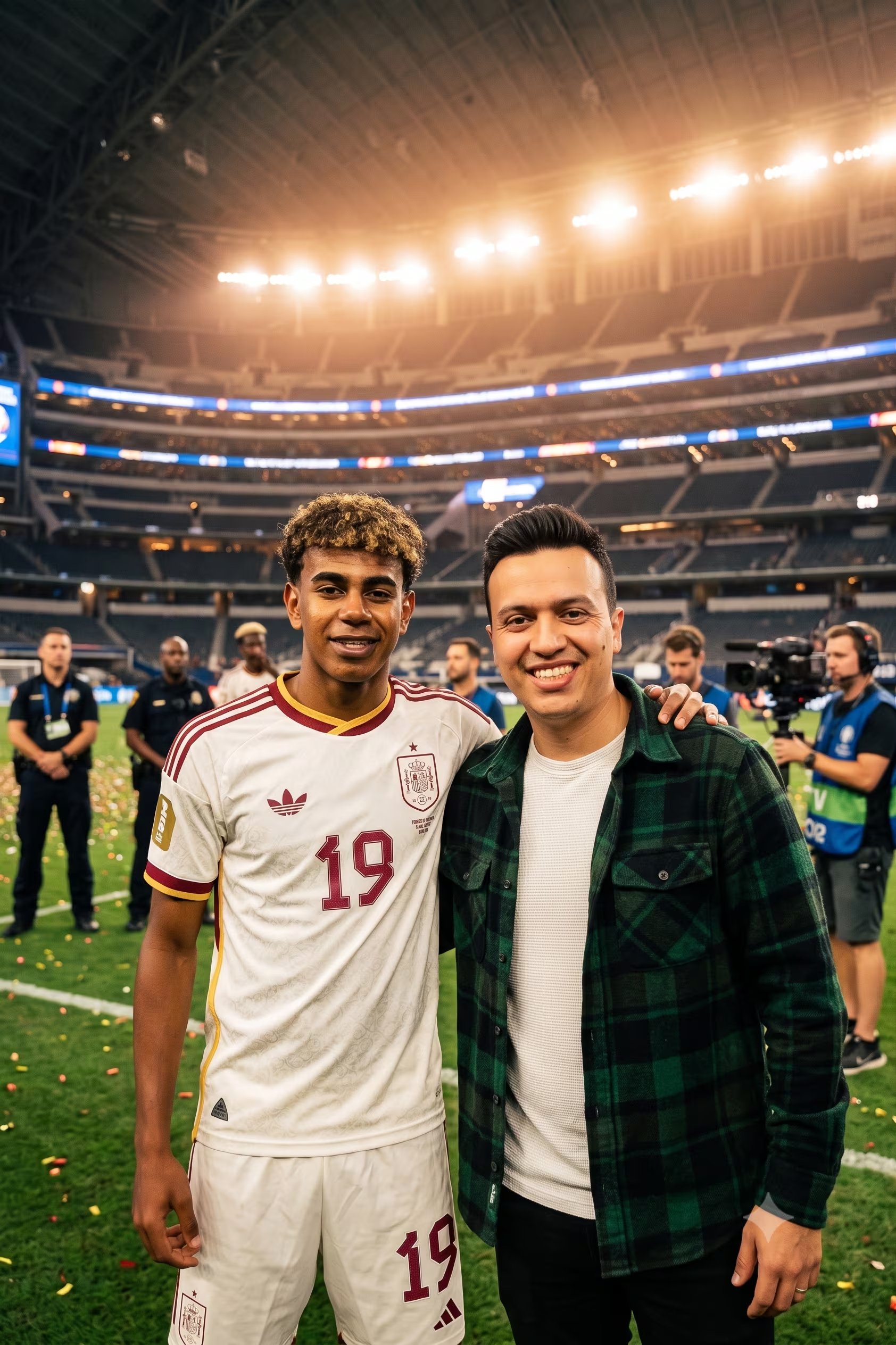Para generar una foto con Lamine Yamal en Gemini, el prompt describe a un futbolista joven, su vestimenta y una escena en un campo de fútbol después de un partido.