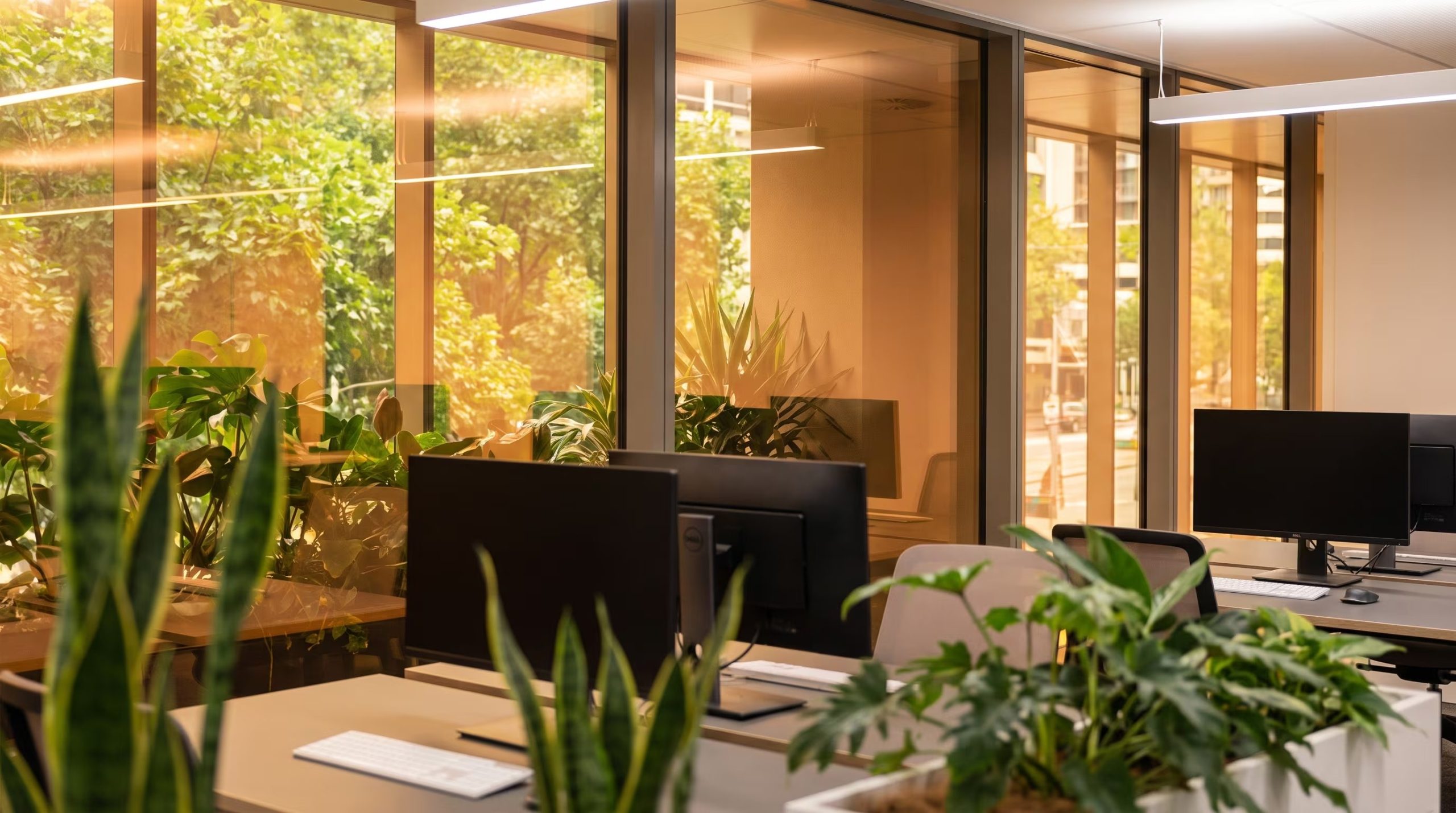 El interior de una oficina moderna con ventanales ámbar exhibe un entorno de trabajo con escritorios y plantas, filtrando la vista hacia un paisaje urbano y natural (Imagen Ilustrativa Infobae)