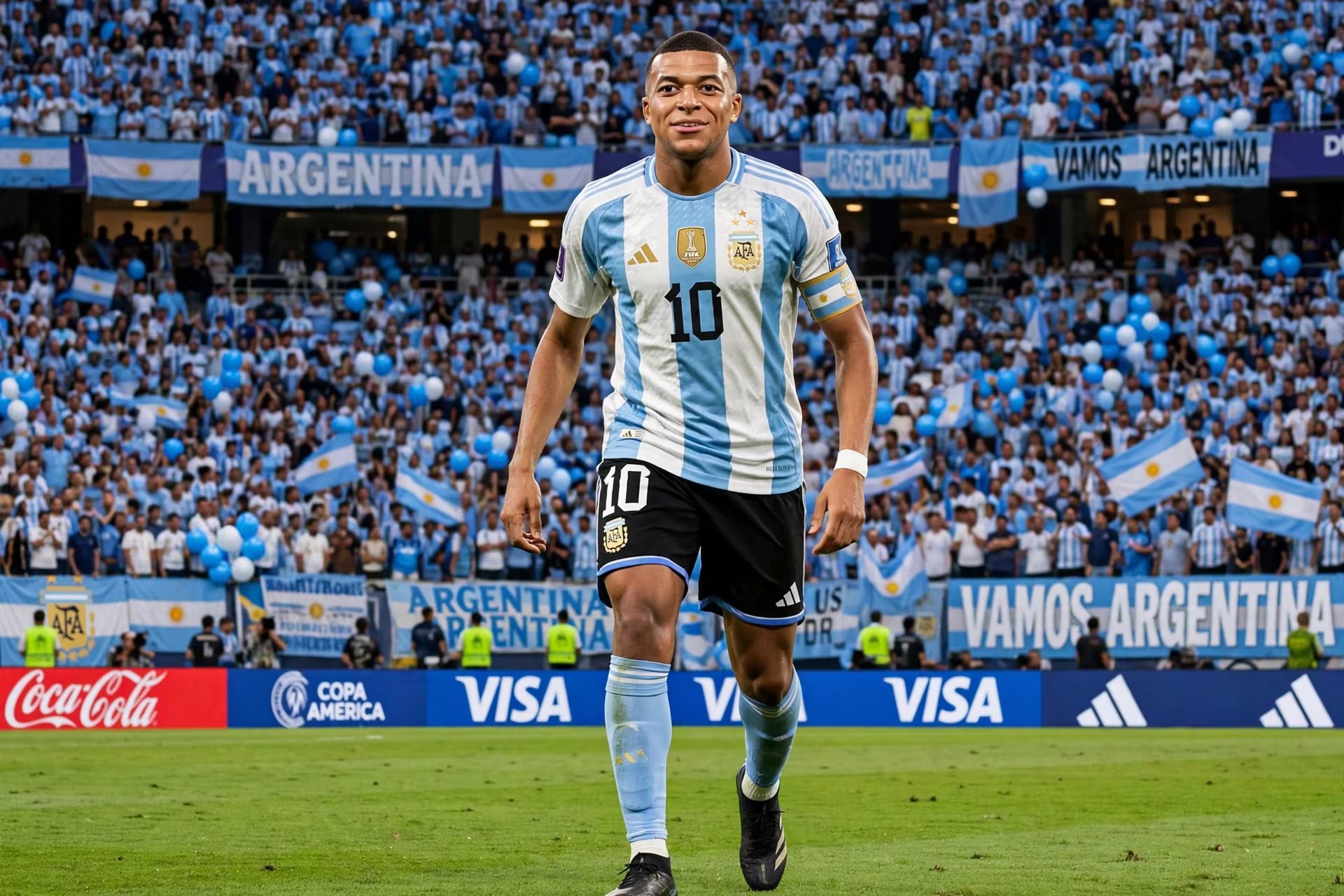 Meta AI muestra a Mbappé totalmente integrado en la selección argentina, con la camiseta oficial y el dorsal 10. (Meta AI)