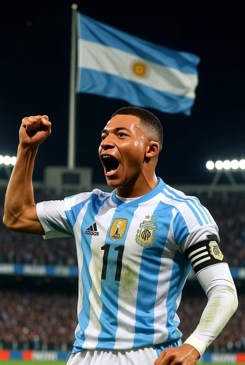 Grok elige un Mbappé eufórico, celebrando con el dorsal 11 y la cinta de capitán en una noche sudamericana. (Grok)