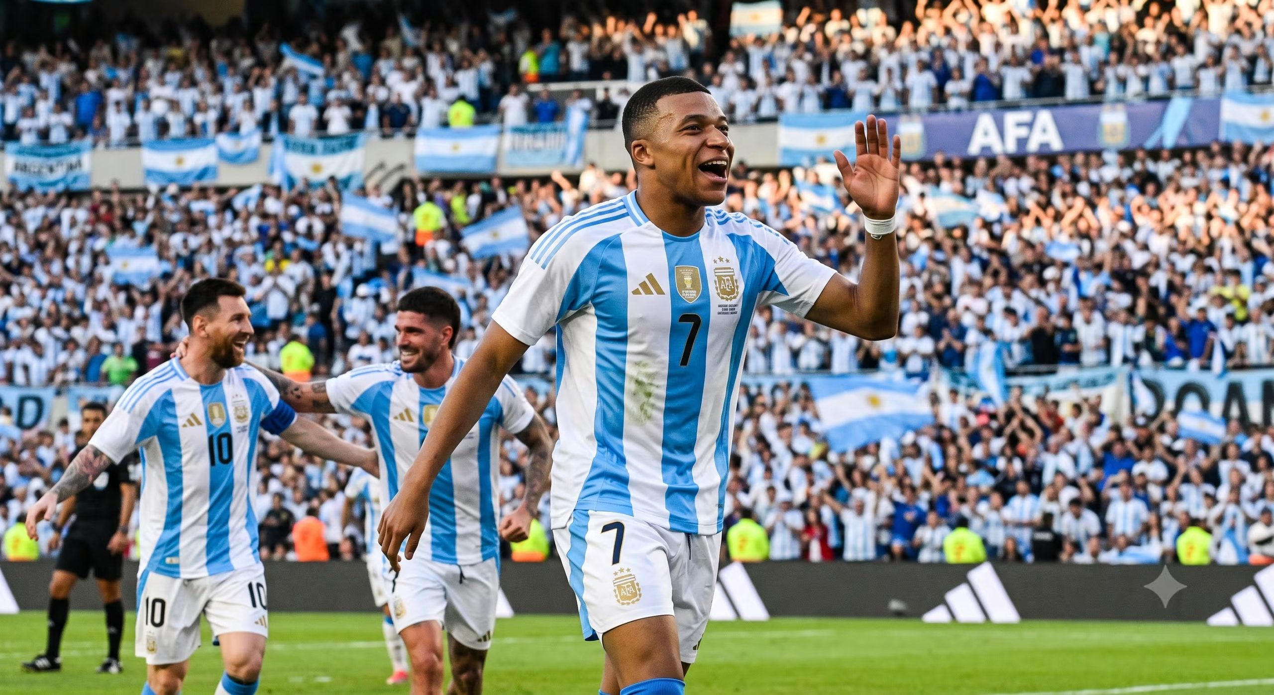 Gemini apuesta por el multiverso: Mbappé celebra un gol junto a Messi y De Paul, con el dorsal 7. (Gemini)