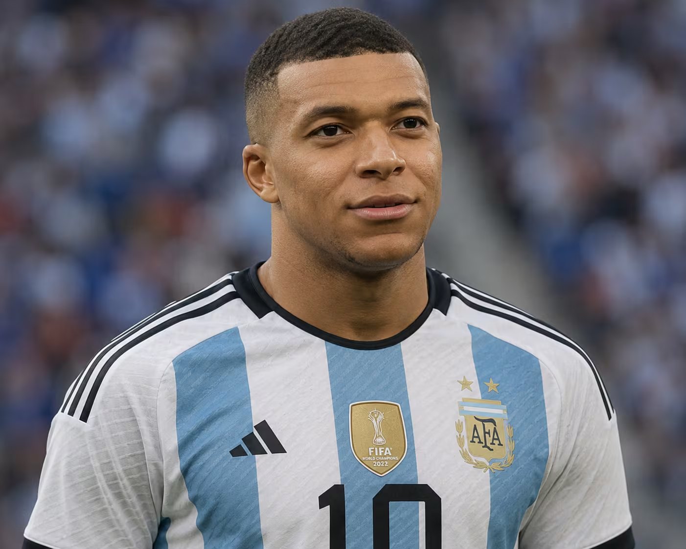 ChatGPT ofrece el retrato más realista: un primer plano del rostro de Mbappé con detalles precisos en la camiseta. (ChatGPT)