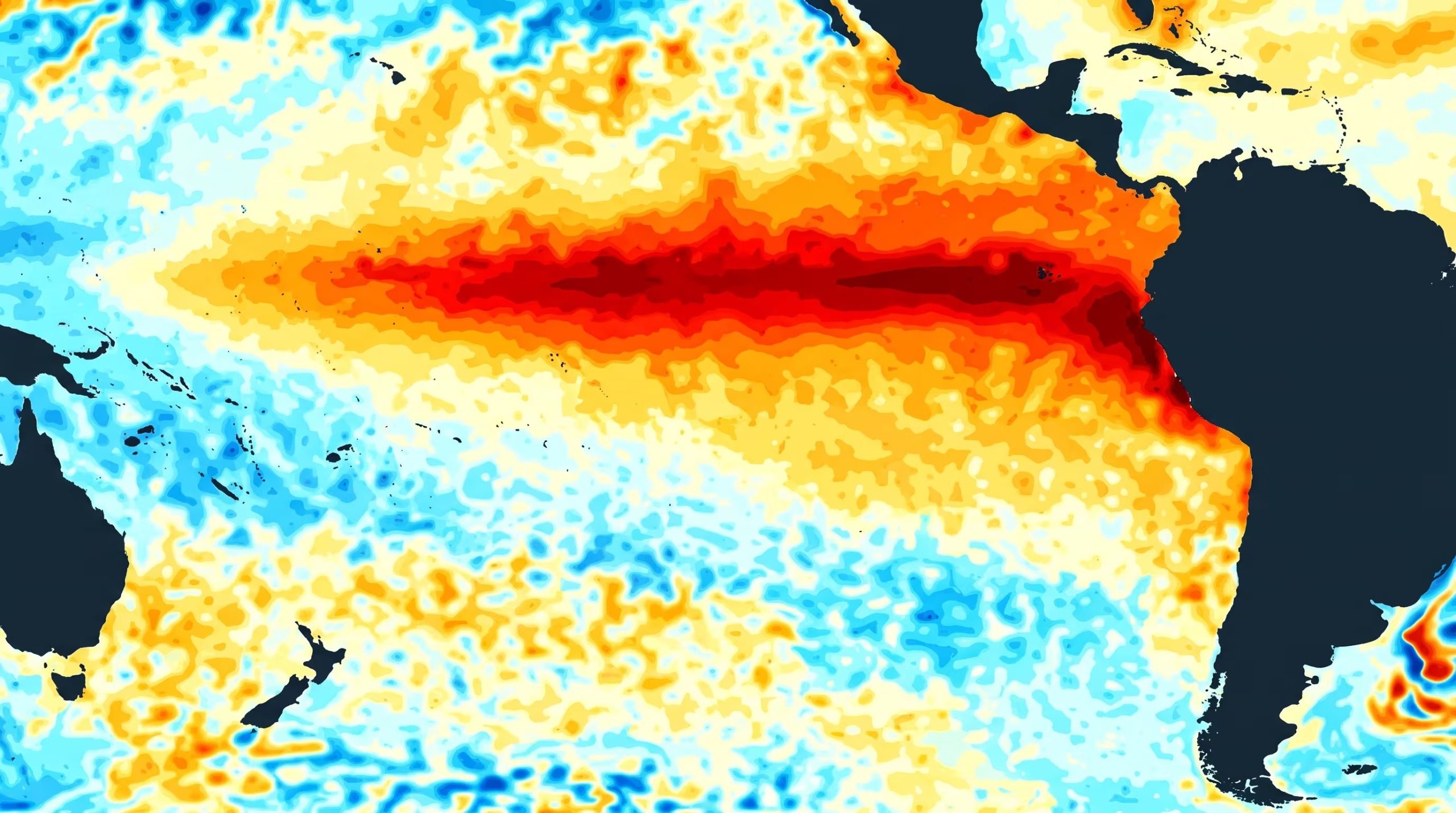 Un mapa del Pacífico muestra las anomalías de temperatura de la superficie oceánica relacionadas con el pronóstico de un Super El Niño histórico que proyecta un calentamiento superior a los 3°C. (Imagen Ilustrativa Infobae)