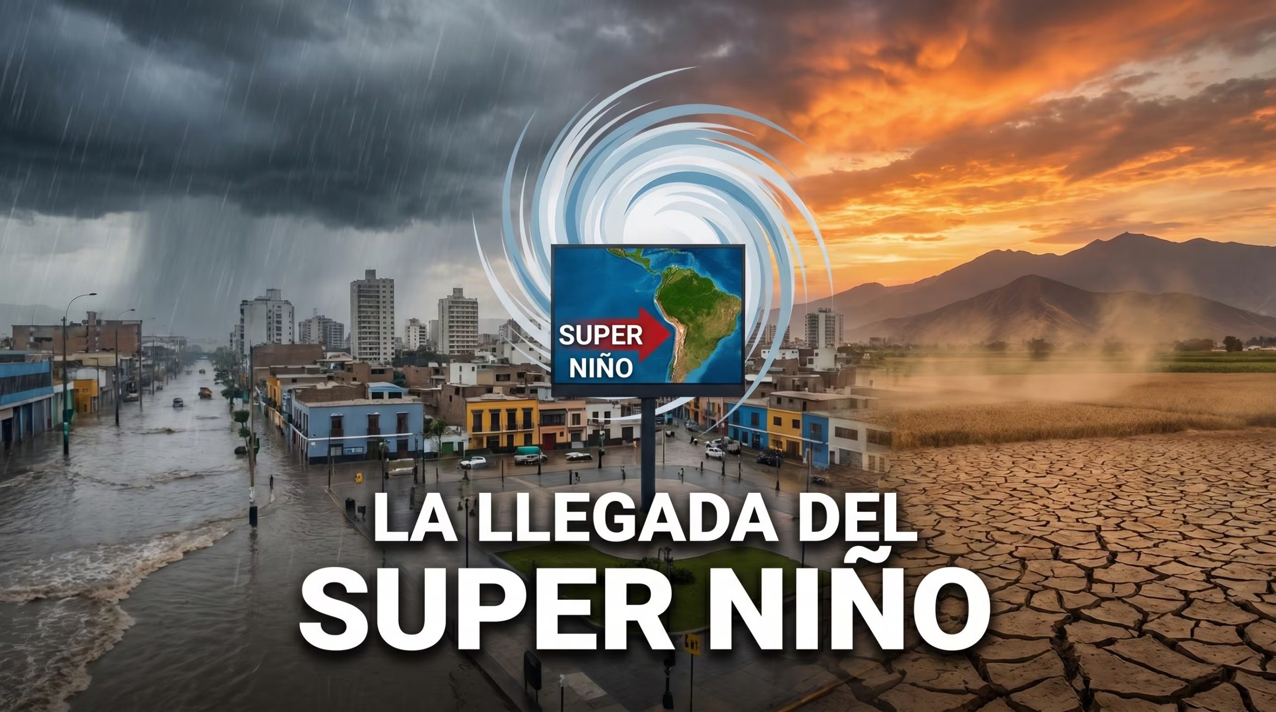 Esta composición visual ilustra el impacto dual del fenómeno climático Super Niño en América del Sur, mostrando una ciudad anegada por intensas lluvias y un paisaje rural afectado por la sequía extrema. (Imagen Ilustrativa Infobae)