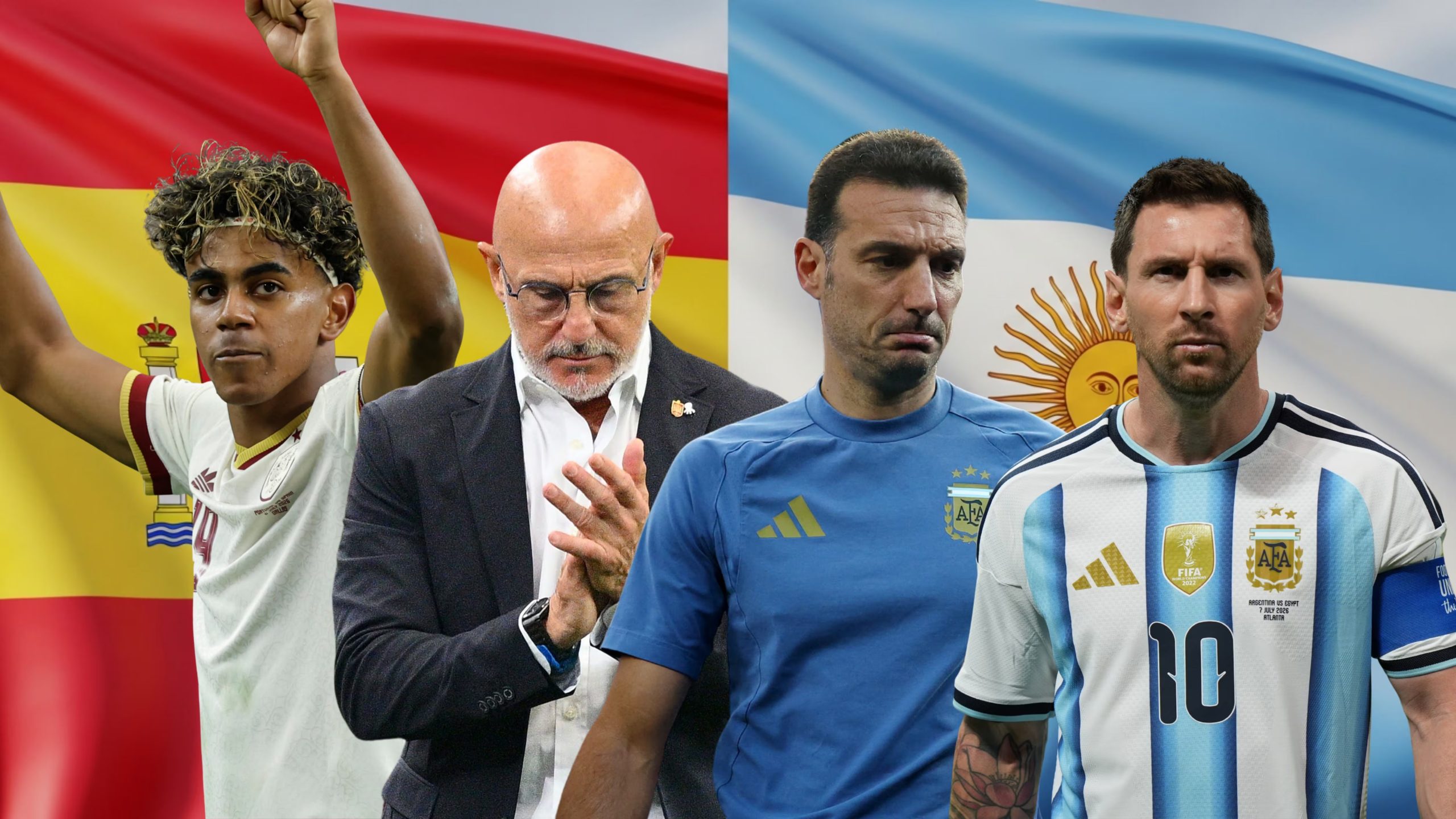 Lamine Yamal, Luis de la Fuente, Lionel Scaloni y Lionel Messi, entrenadores y figuras de sus selecciones - crédito Reuters