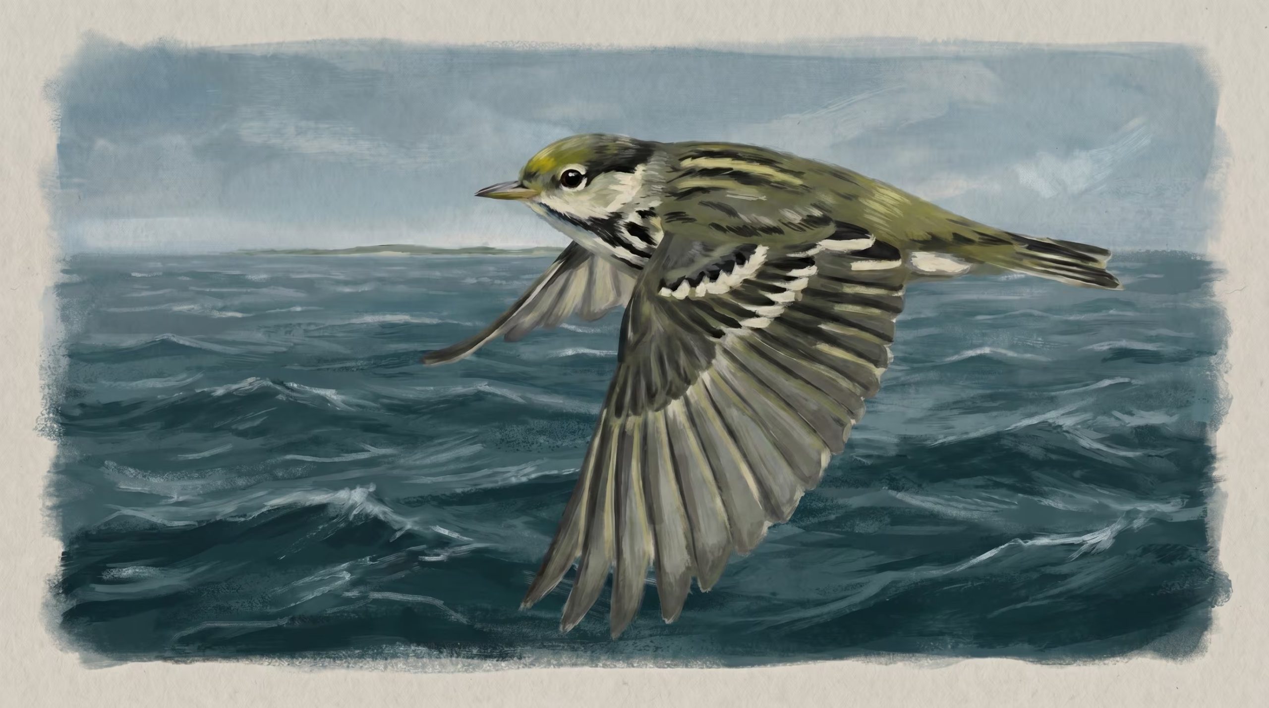 Una ave con plumaje verde oliva, amarillo y blanco vuela enérgicamente sobre un mar agitado con olas, bajo un cielo nublado, en una ilustración de estilo pictórico con textura de lienzo. (Imagen Ilustrativa Infobae)