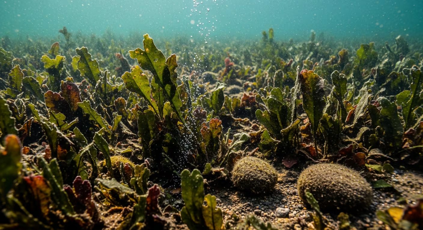 Una densa pradera de plantas acuáticas de hojas verdes y rojizas, posiblemente las primeras en la Tierra, cubre el lecho marino con burbujas ascendiendo hacia la superficie. (Imagen Ilustrativa Infobae)