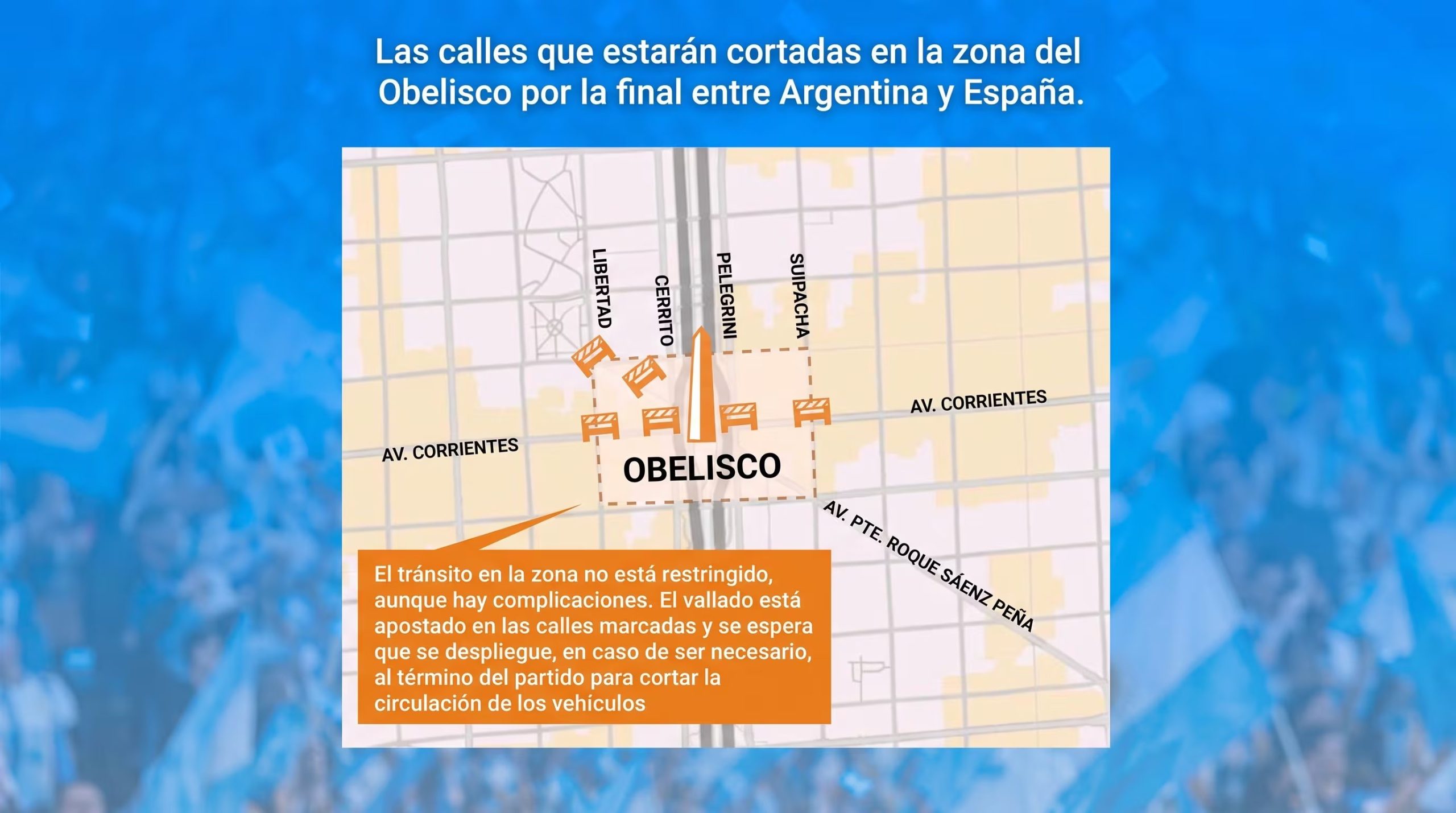 Estas serán las calles de la zona del Obelisco que estarán cortadas al tránsito tras la final entre Argentina y España (Imagen Ilustrativa Infobae)