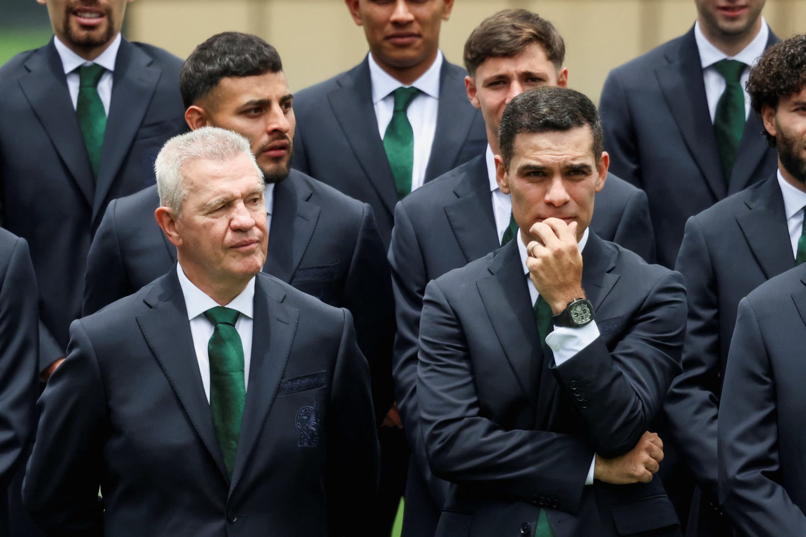 Mexican soccer coach Rafa Marquez and Mexico's national soccer team coach Javier Aguirre attend a ceremony held by Mexican President Claudia Sheinbaum for Mexico's national soccer team, which will represent the country at the 2026 FIFA World Cup co-hosted by the United States, Canada and Mexico, at the Centro de Alto Rendimiento (CAR) in Mexico City, Mexico, June 8, 2026. REUTERS/Luis Cortes