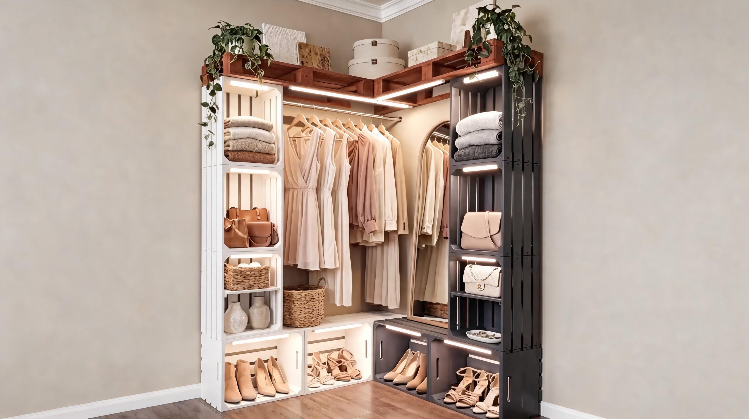 Cajones apilados en distintas posiciones, con una barra central para colgar ropa, conforman un vestidor modular que puede armarse sin experiencia en carpintería