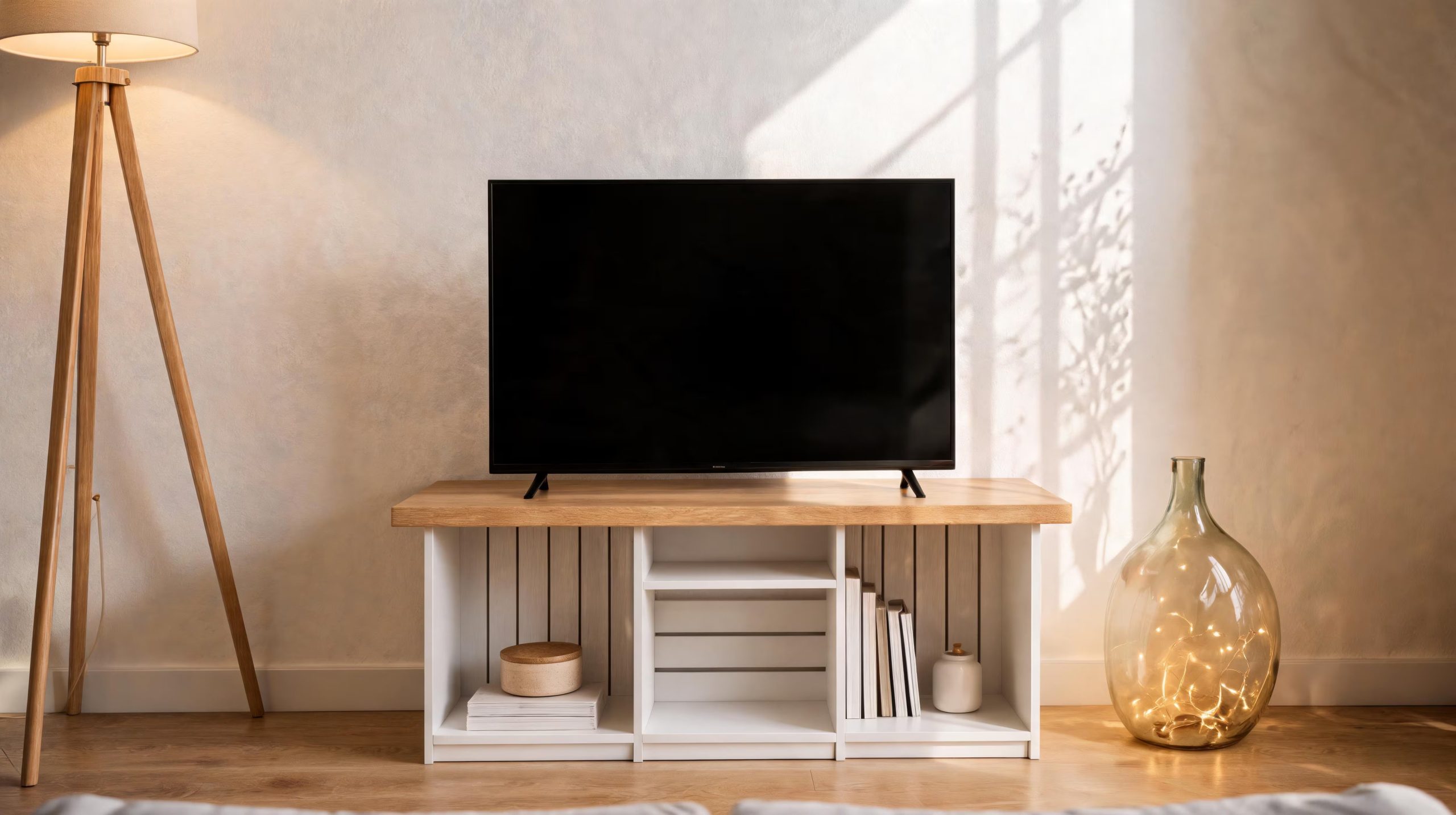 Tres cajones de madera pintados del mismo color conforman un rack de TV que no delata su origen ni su costo